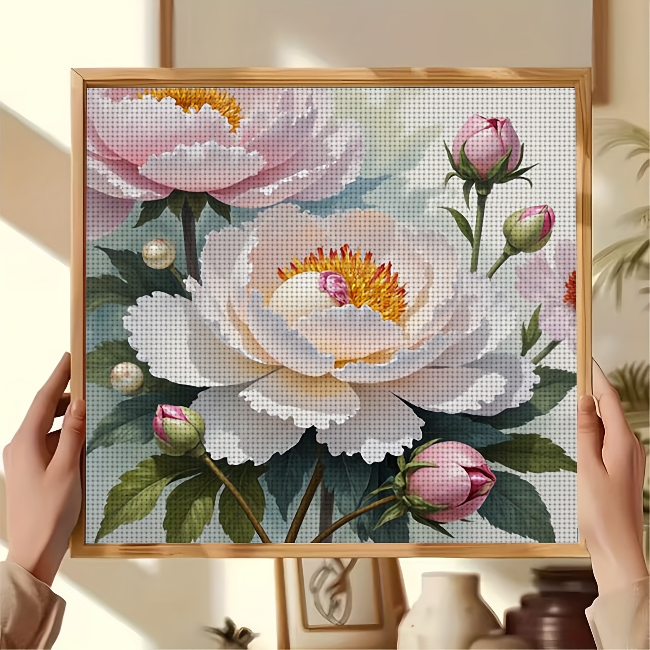Printed Cross Stitch Kit, Blooming Peony Pattern for Beginners