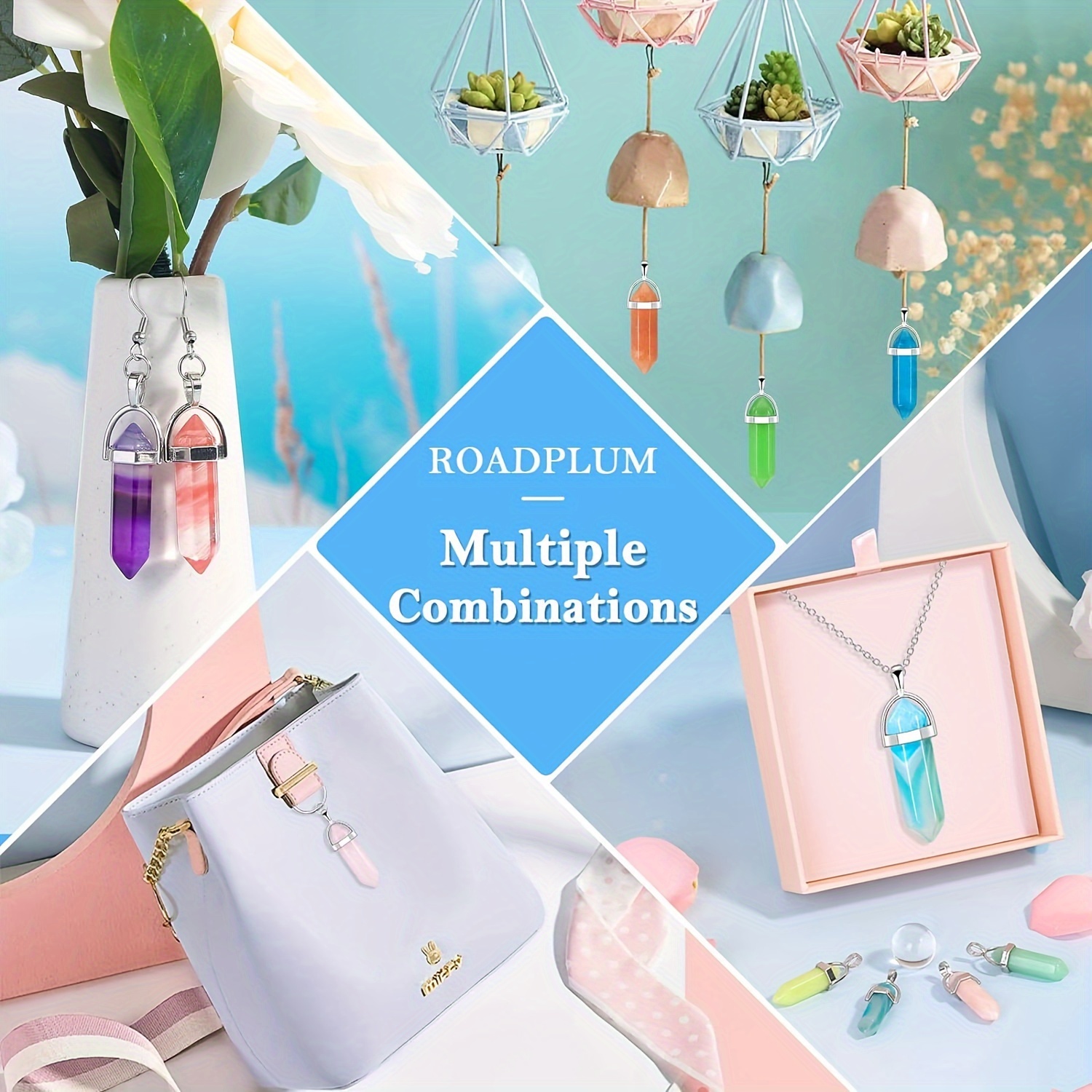 50pcs hexagonal pendant bullet crystal pendant gemstone pointed quartz stone pendants with storage bag 50 colors details 4