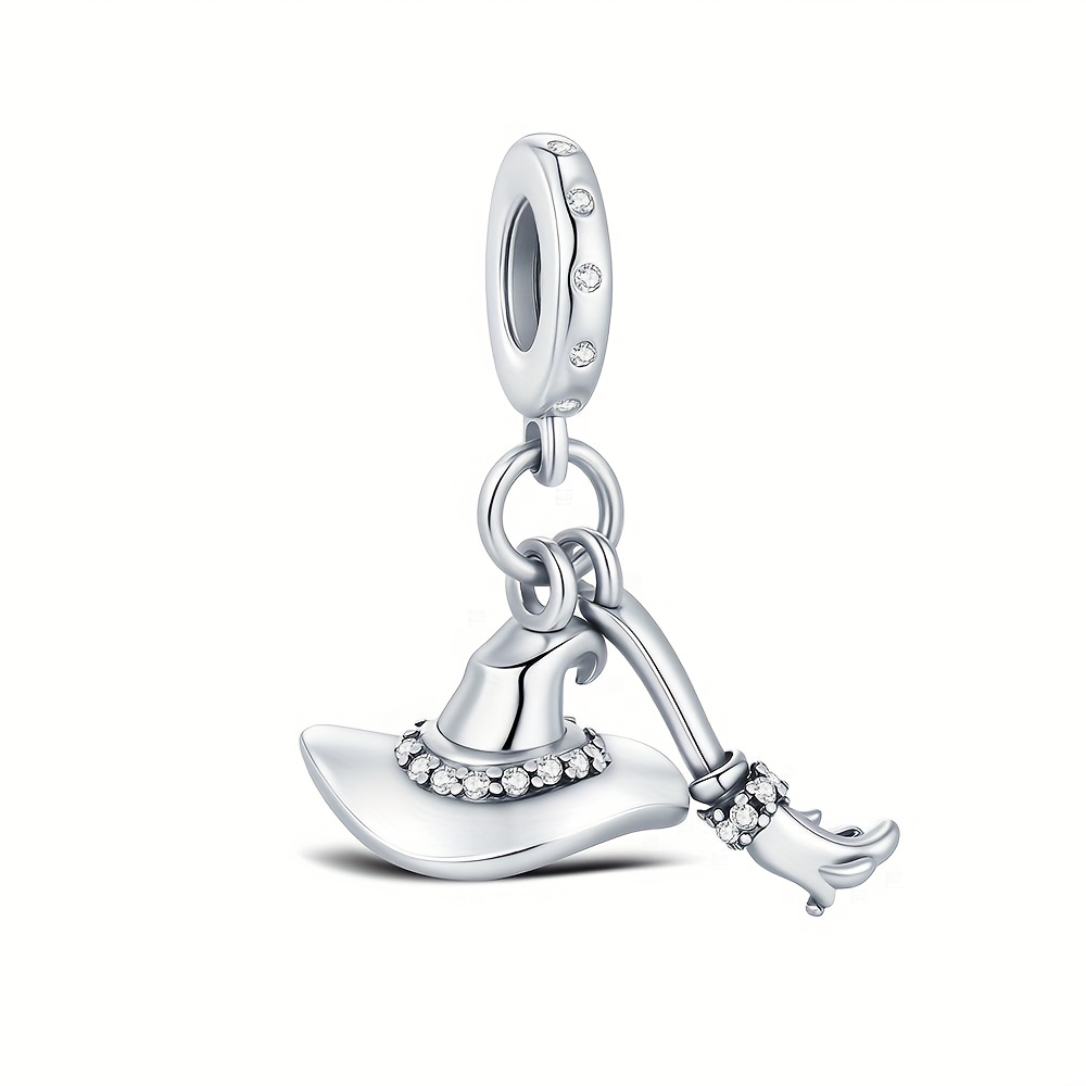 Image of 1pc Vintage 925 Silvery Plated Halloween Pendant Broom Witch Hat Charms For Charms Bracelet Diy Pendants Women Jewelry, Suitable For Daily Wear, Ideal Gift For Birthday