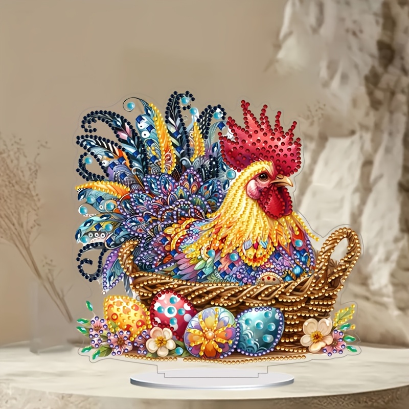 

Vibrant Easter Rooster In Basket Acrylic Diamond Painting Display - Gemstone- Decor With Stand, , Multi- Accent, Rooster Decor