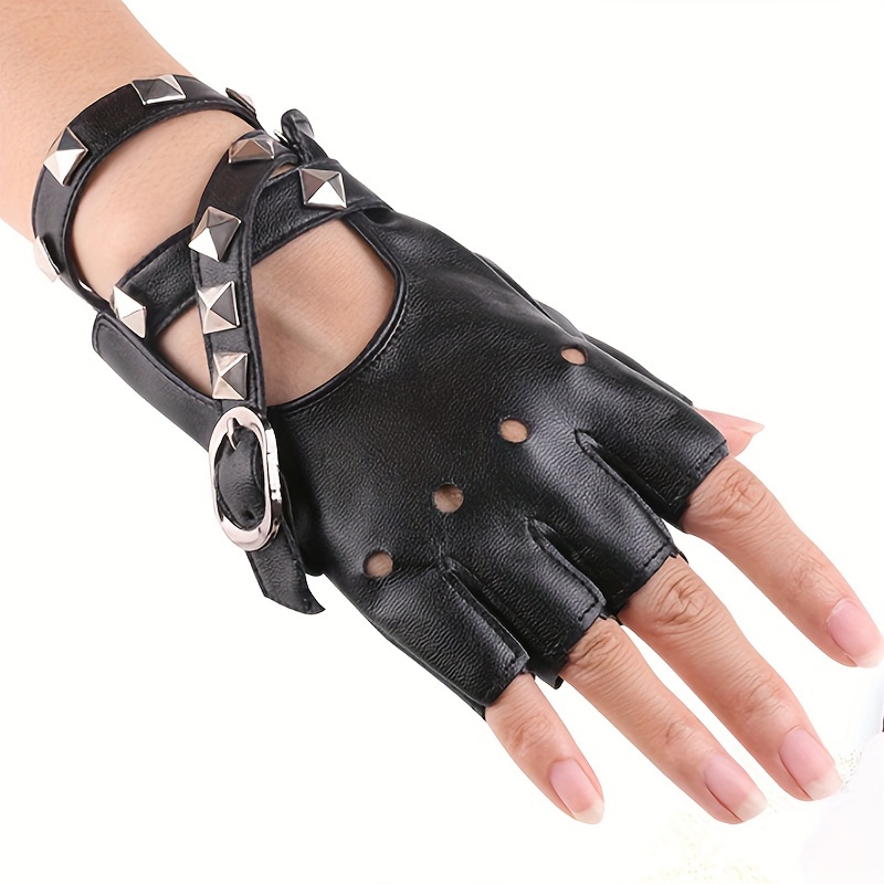 

Solid Color Pu Leather Gloves For Women, Punk Style Stretchy Rivet Studded Gloves, Party, Dance, And Performance