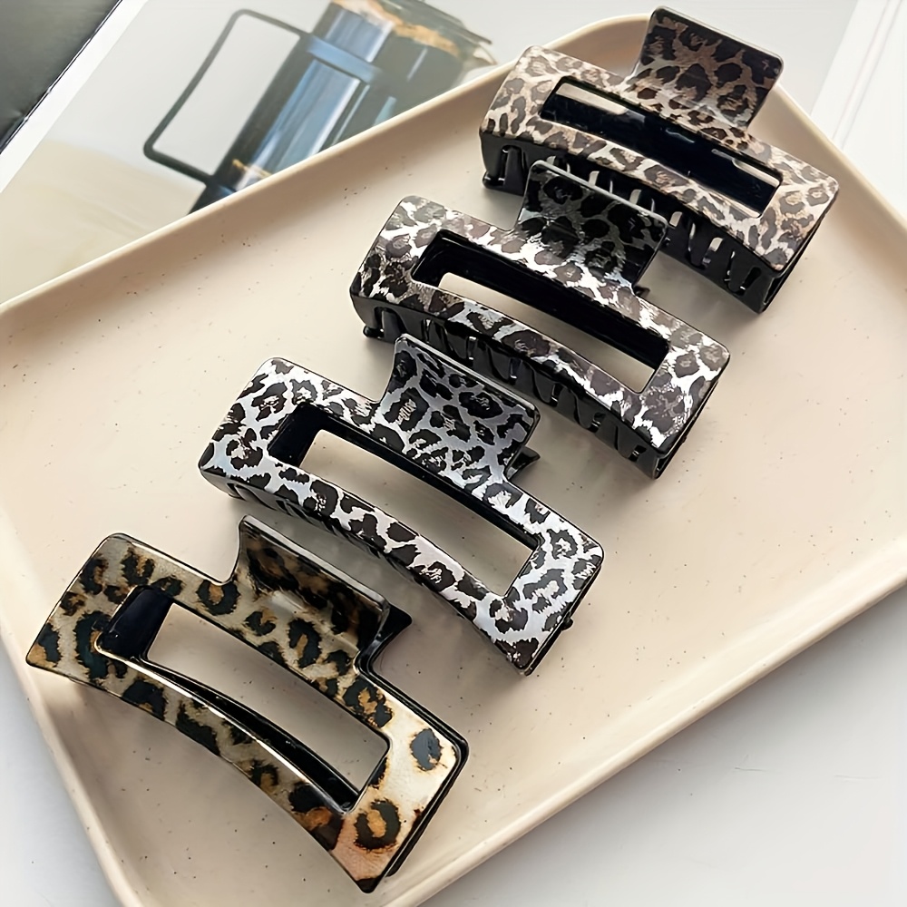 TEMU 4 pinzas rectangulares mate con estampado de leopardo para mujer, pinzas cuadradas con garra, adornos brillantes de leopardo para el cabello,