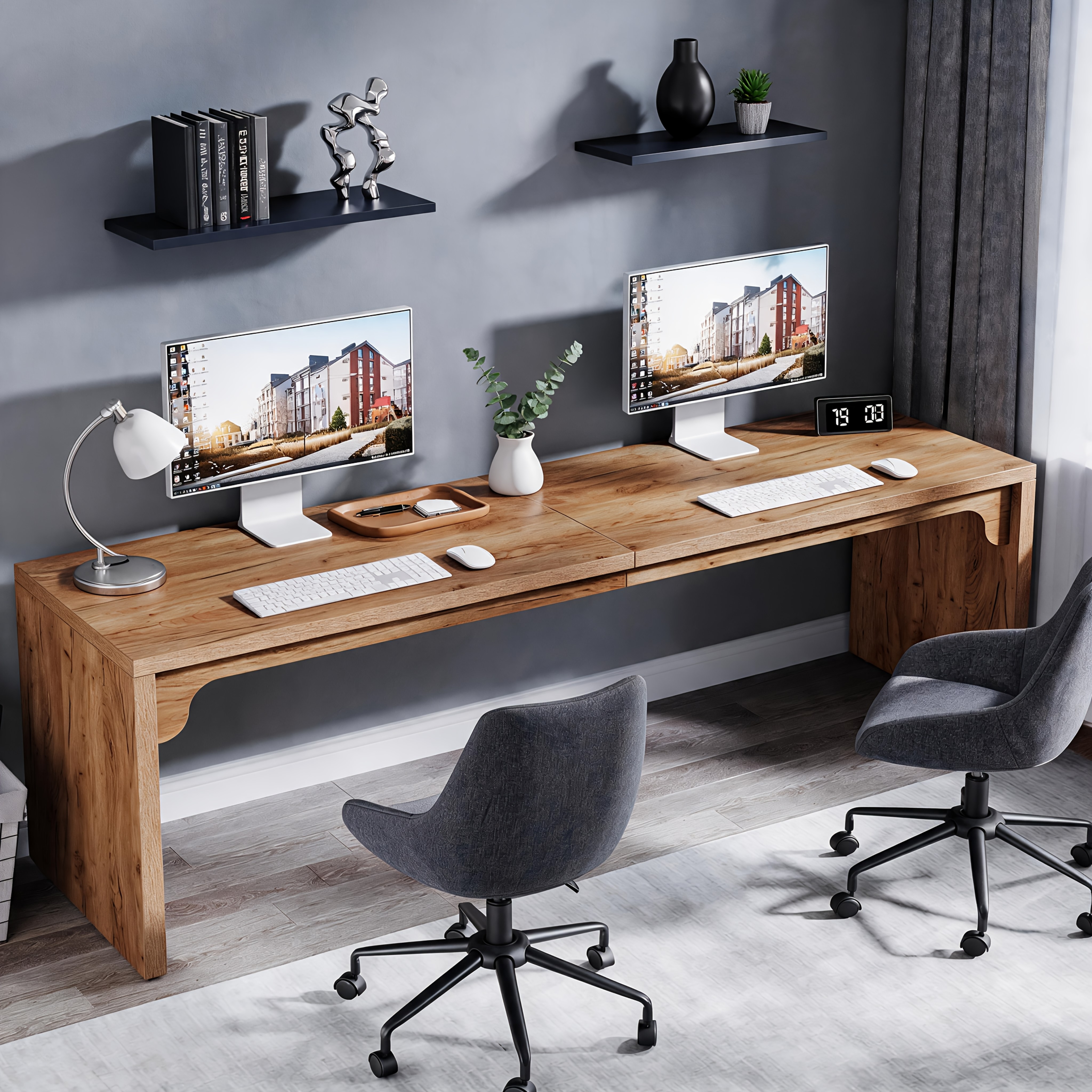 Wooden Extra Long Desk Double Desk Workstation, 78.7 Inches Long Computer Desk, 2 Person Desk for Home Office, Large Writing Desk for 2 People, Ladder Racks, Storage And Organization