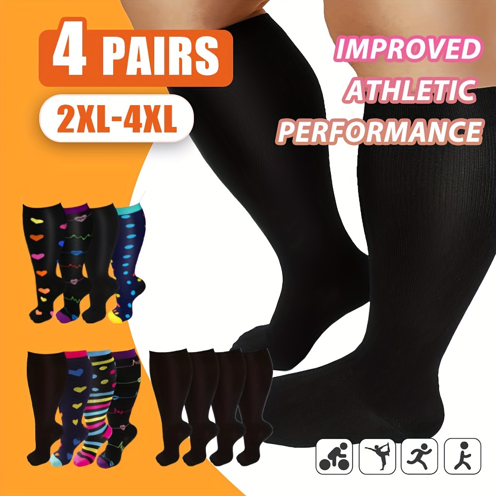

4 Pairs Plus Size Compression Support Socks For Women Men Wide Calf 15-20 Mmhg Beat Rated Pregnant Pregnancy Nurse Long For Sport Gym Travel Flying Ice Skating