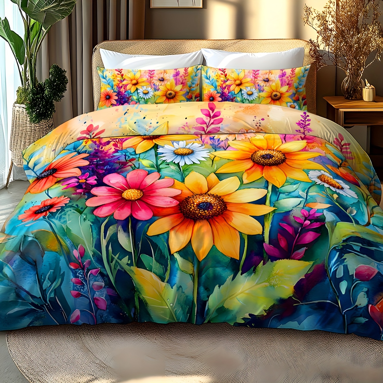 TEMU 2/3pcs Valentine's Day Bedding | Brushed Polyester, Digital Printed, Wrinkle-resistant, Pill-resistant, , Watercolor Sunflower & Exotic Colorful