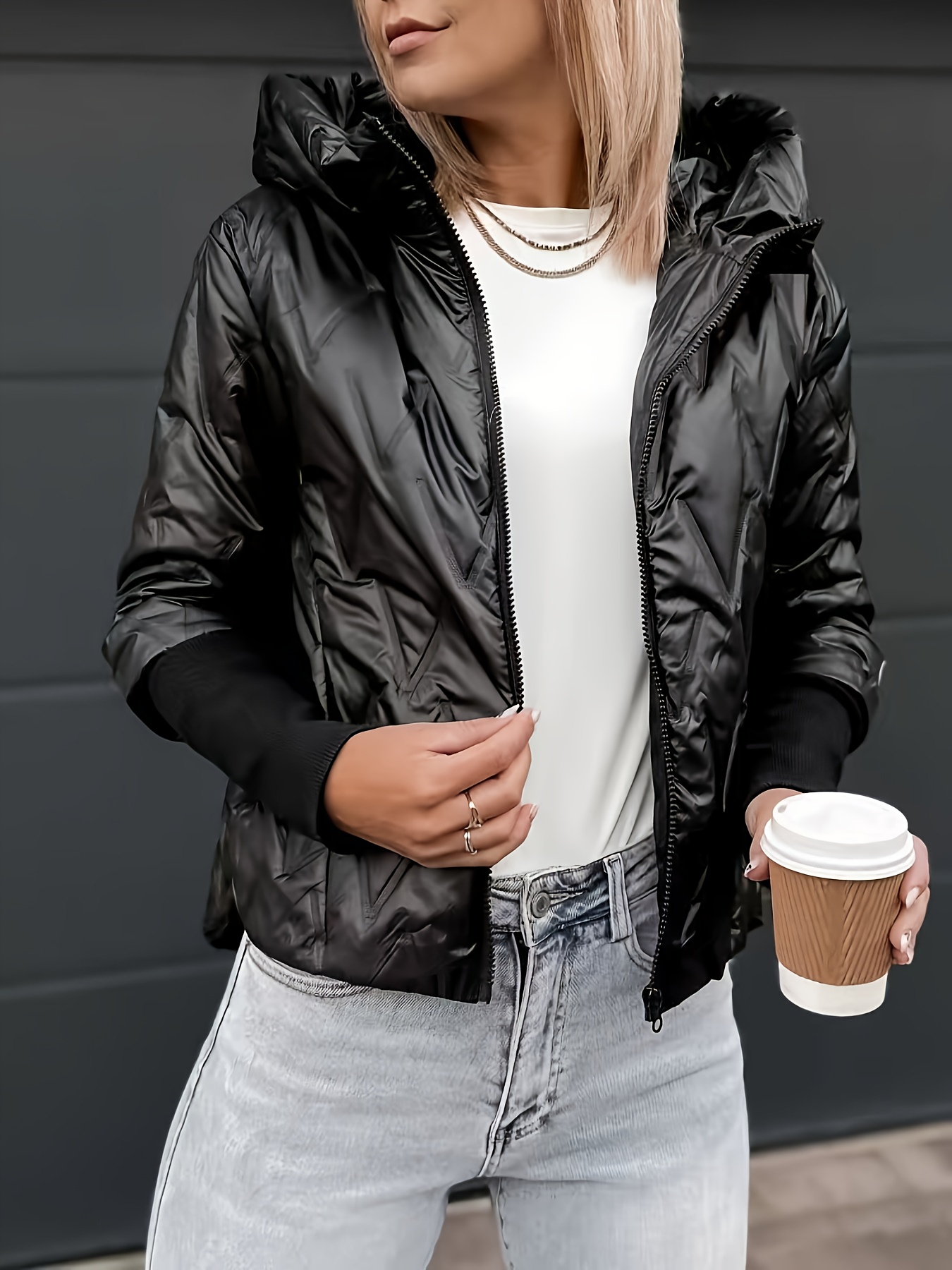 Trendy Black Hooded Casual Zip Warm Jacket Women Europe