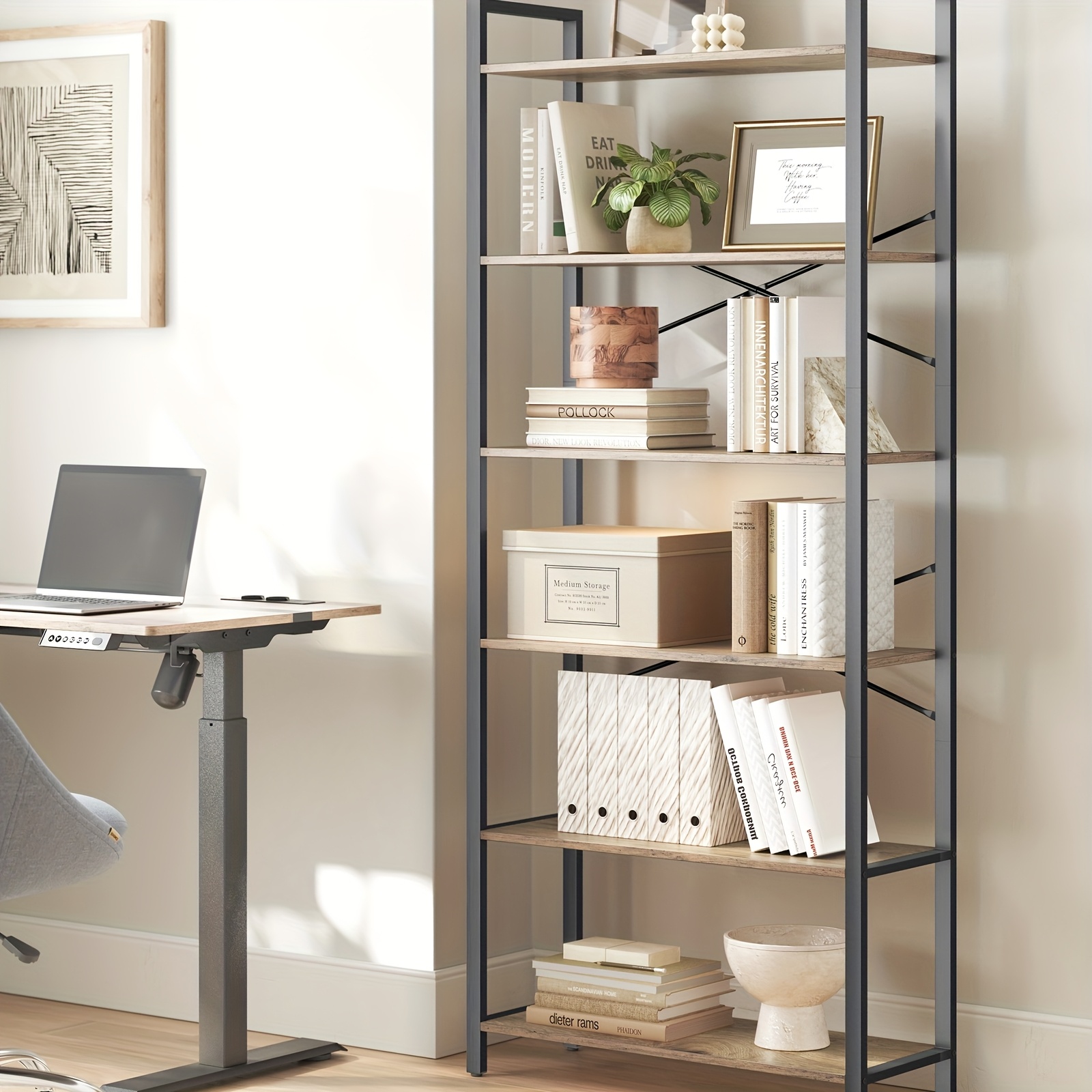 E-shop 6-stöckiges Bücherregal, Bücherregal, Regaleinheit, für Büro, Arbeitszimmer, Wohnzimmer, Schlafzimmer, 30 x 80 x 186 cm, Industriell