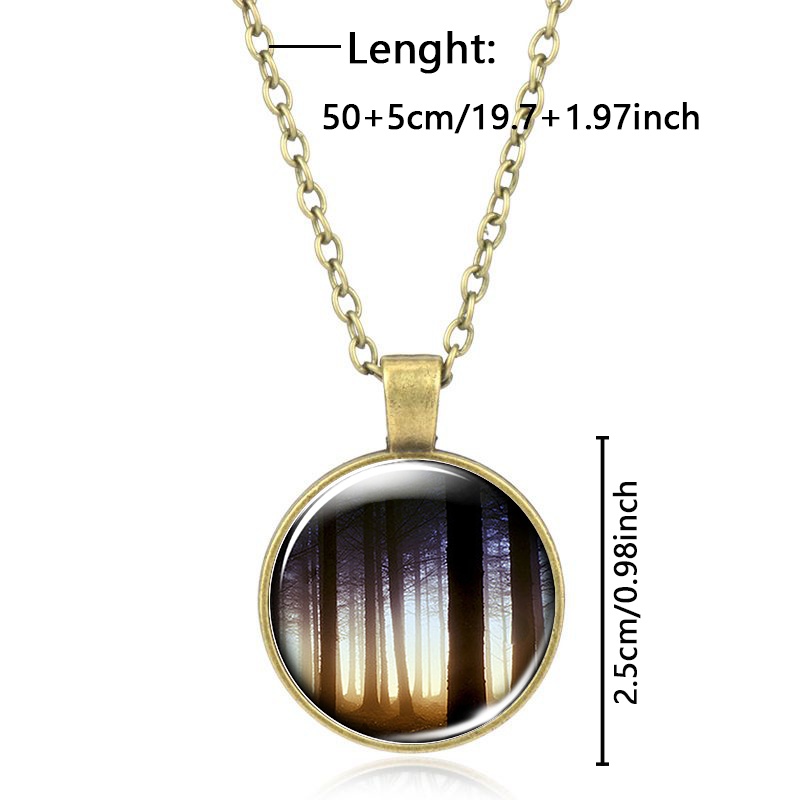 Classic Brown Metal Chain Necklace with Forest Scene Mirror