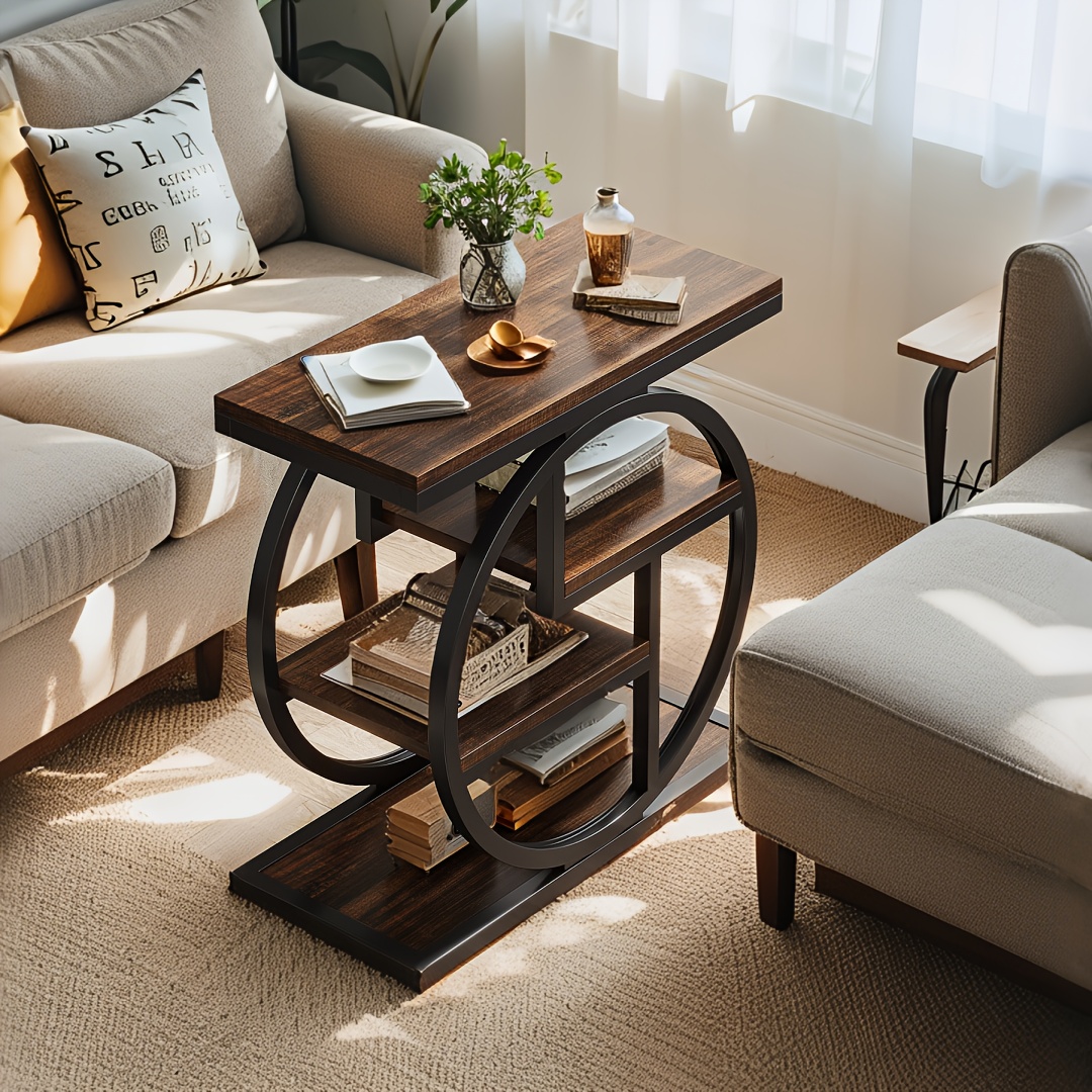 TEMU Rustic Brown 4-tier Industrial End Table - Wooden Narrow Side Table With Storage Shelves & Geometric Metal Frame, Multi- Table For Living Room &