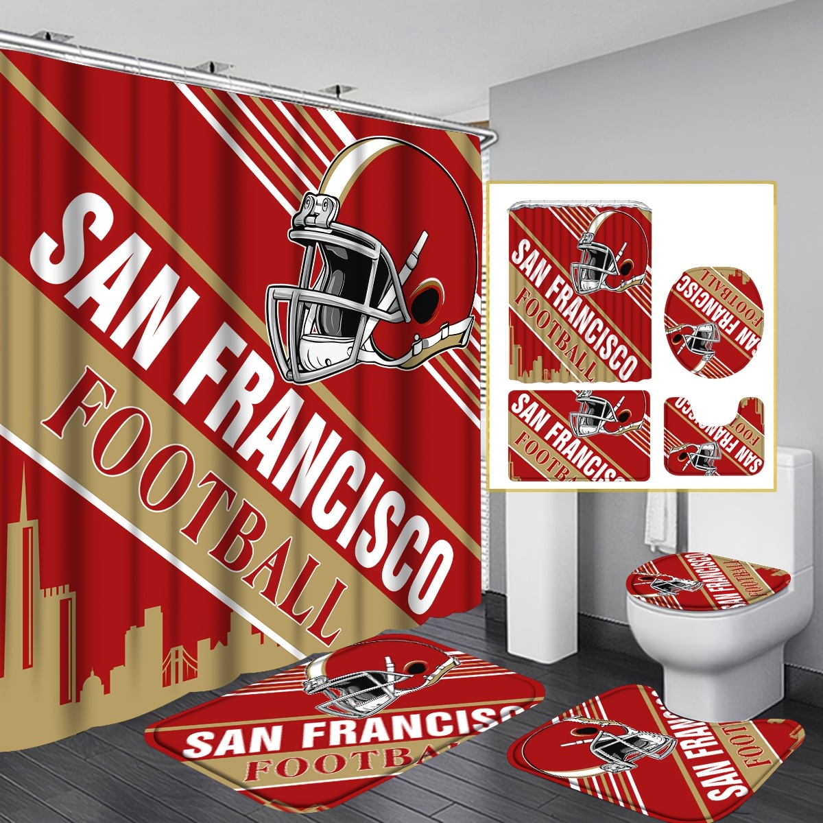 TEMU 4pcs San Francisco Football Team Shower Curtain Set Gifts, Helmet Football Themed Bath Drape, Decorative Bathroom Set Includes Shower Curtain,