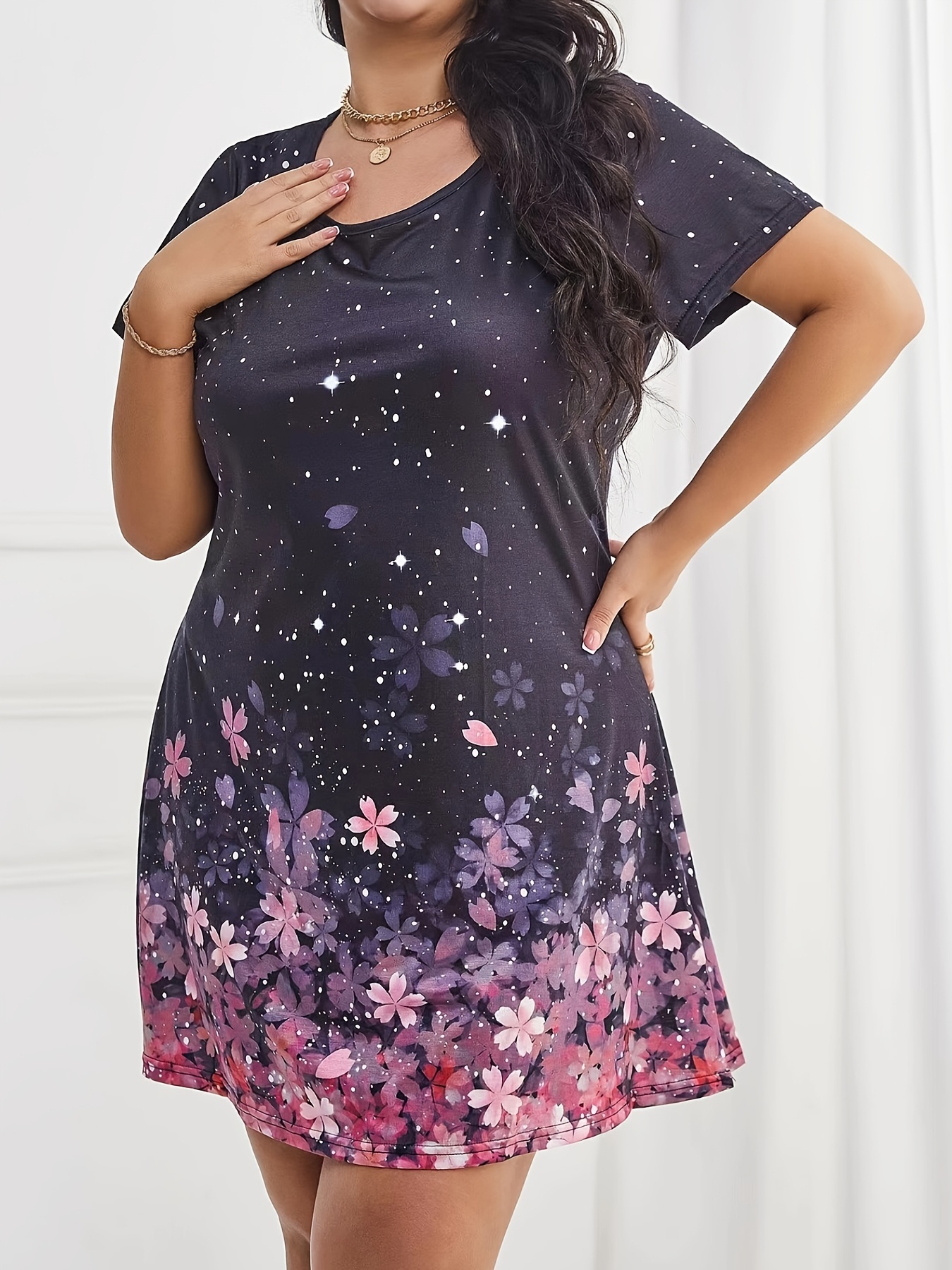 plus size floral print dress casual gradient crew neck short sleeve dress womens plus size clothing