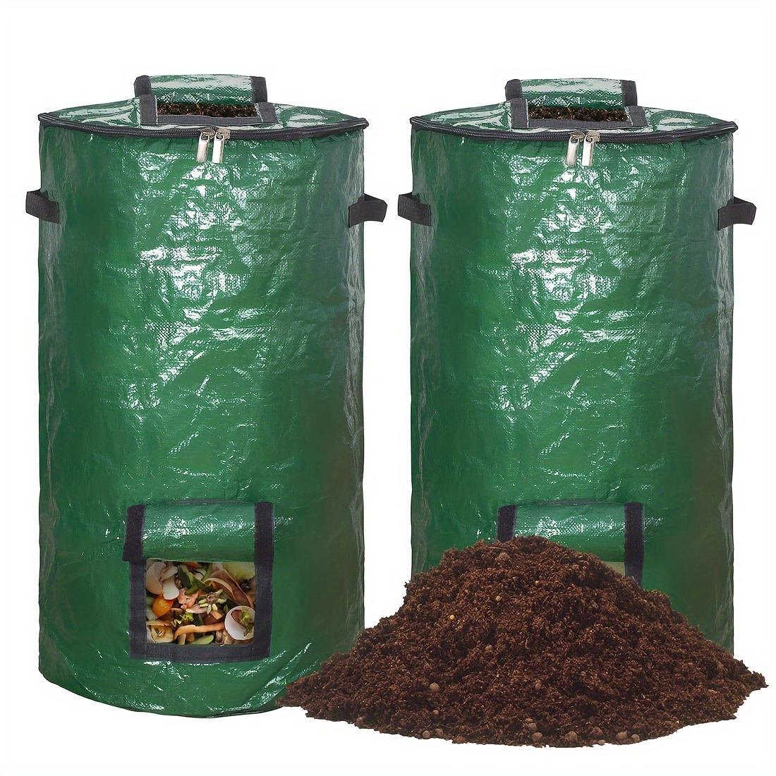 (2 Packs) 34-Gallon Compost Bin Bags with Skylight, Zipper Cover, And Handles, Reusable Yard Waste Bags, Outdoor Compost Bins