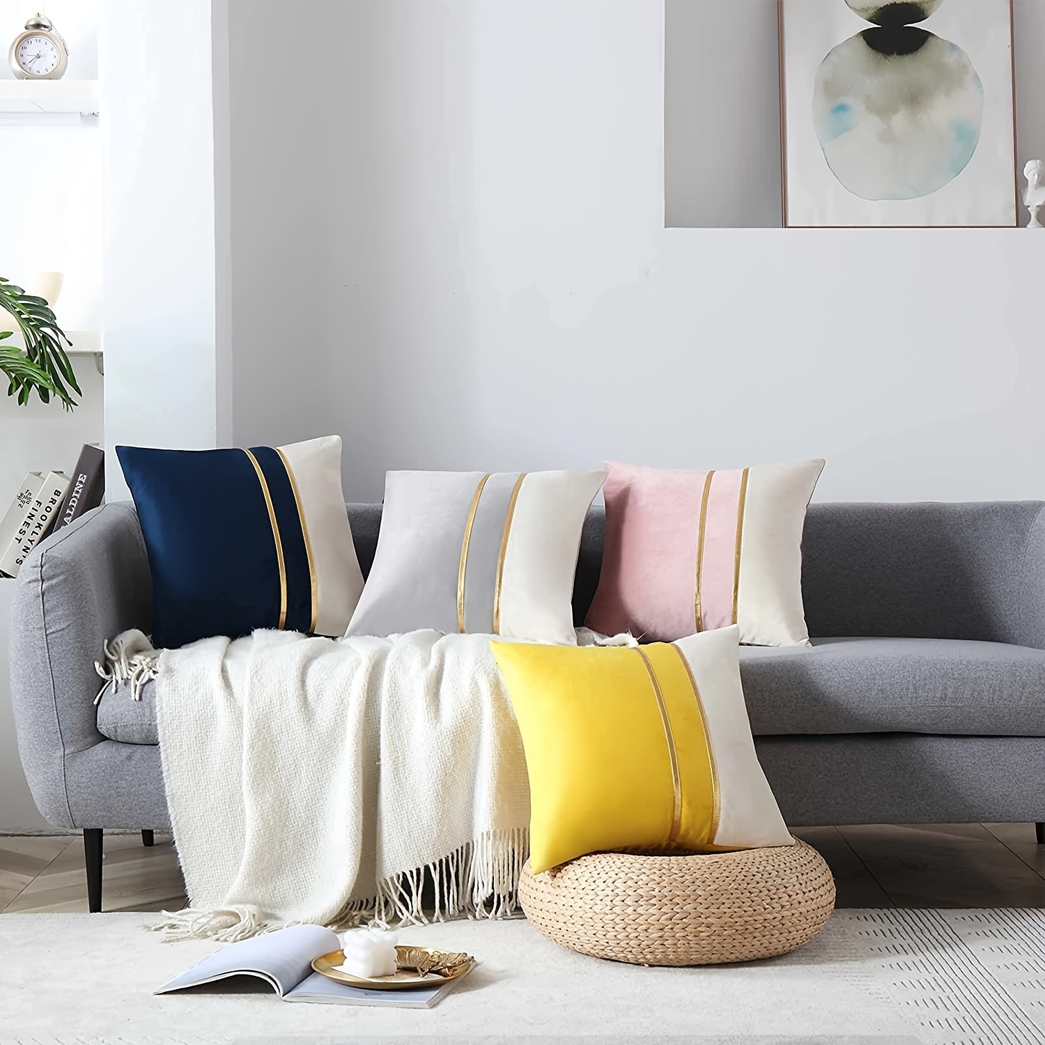 

2pcs Coussin en Velours Uni à avec Bordure Dorée de Luxe Léger