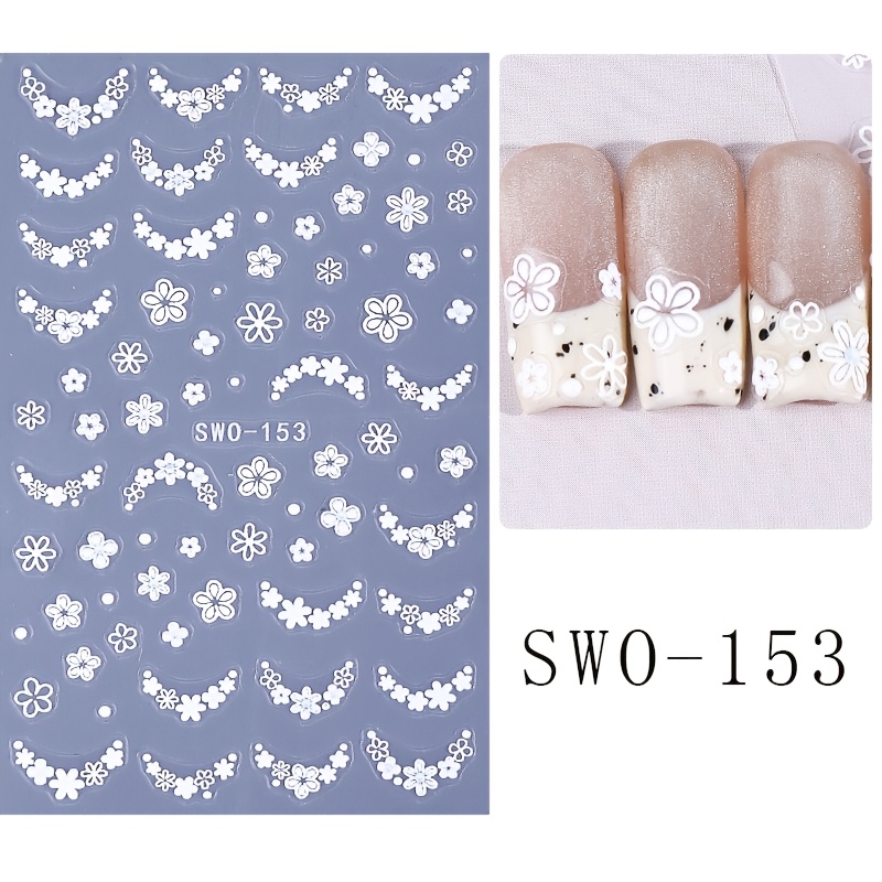 Image of 1pcs3d Board Elegant White Nail Art Sticker - Diy Or Nail Salon Self-adhesive Nail Sticker - Flower And French Nail Art Female Nail Decoration Design