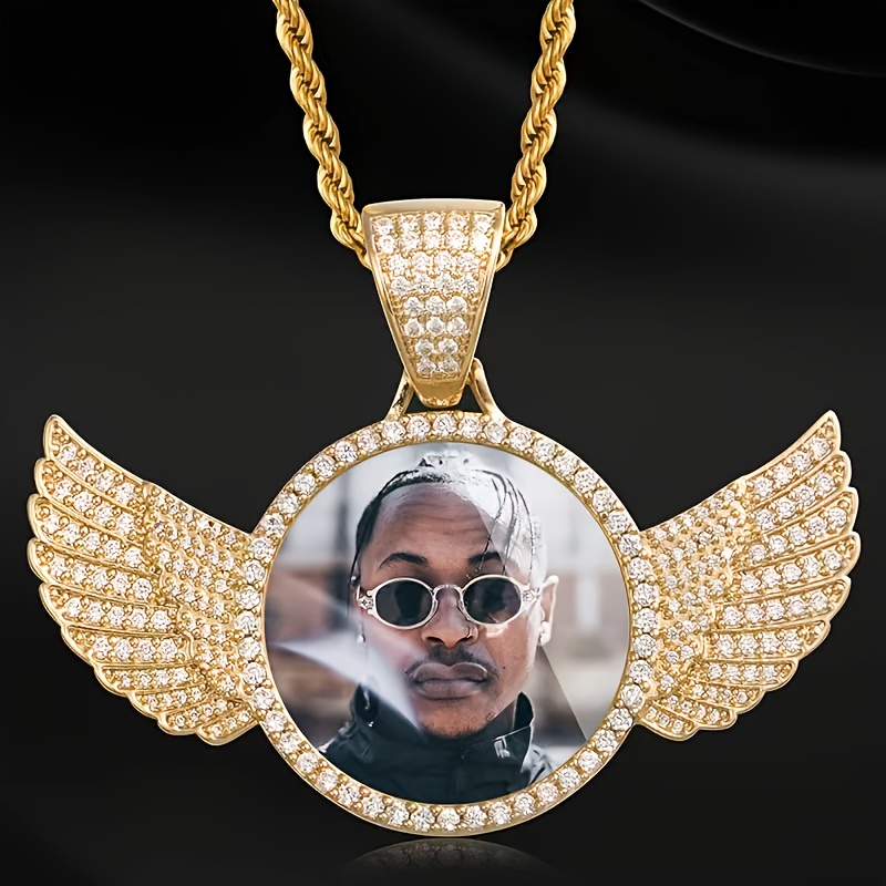 Custom Photo Pendant Necklace - Hip Hop Angel Wing Design with Halo, Durable Alloy Personalized Jewelry Gift for Valentine&#39;s Day, Christmas, Birthdays - Best Friend &amp; Family Keepsake, Goldtoned Alloy