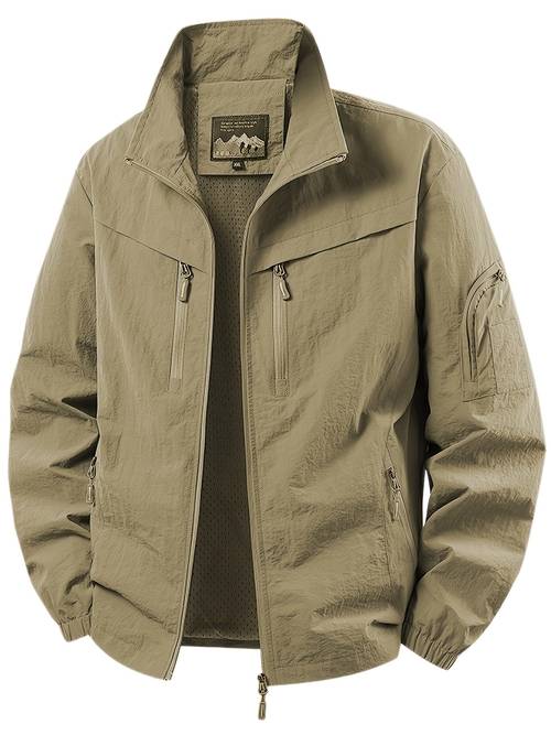 chaqueta de utilidad con cuello para hombre, abrigo cortavientos multibolsillos para y otoño, diseño con bolsillos en los brazos, cierre frontal con cremallera, puños elásticos y forro de malla transpirable. ideal para uso casual, desplazamientos al y actividades al