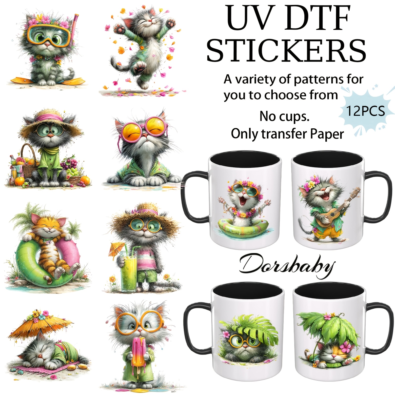 TEMU 12pcs/set Whimsical Summer Catsbundle Uv Dtf Transfer Cup Wraps For Glass & Ceramic Cups, Rub On For Planners, Tablets, Phone Cases & Travel