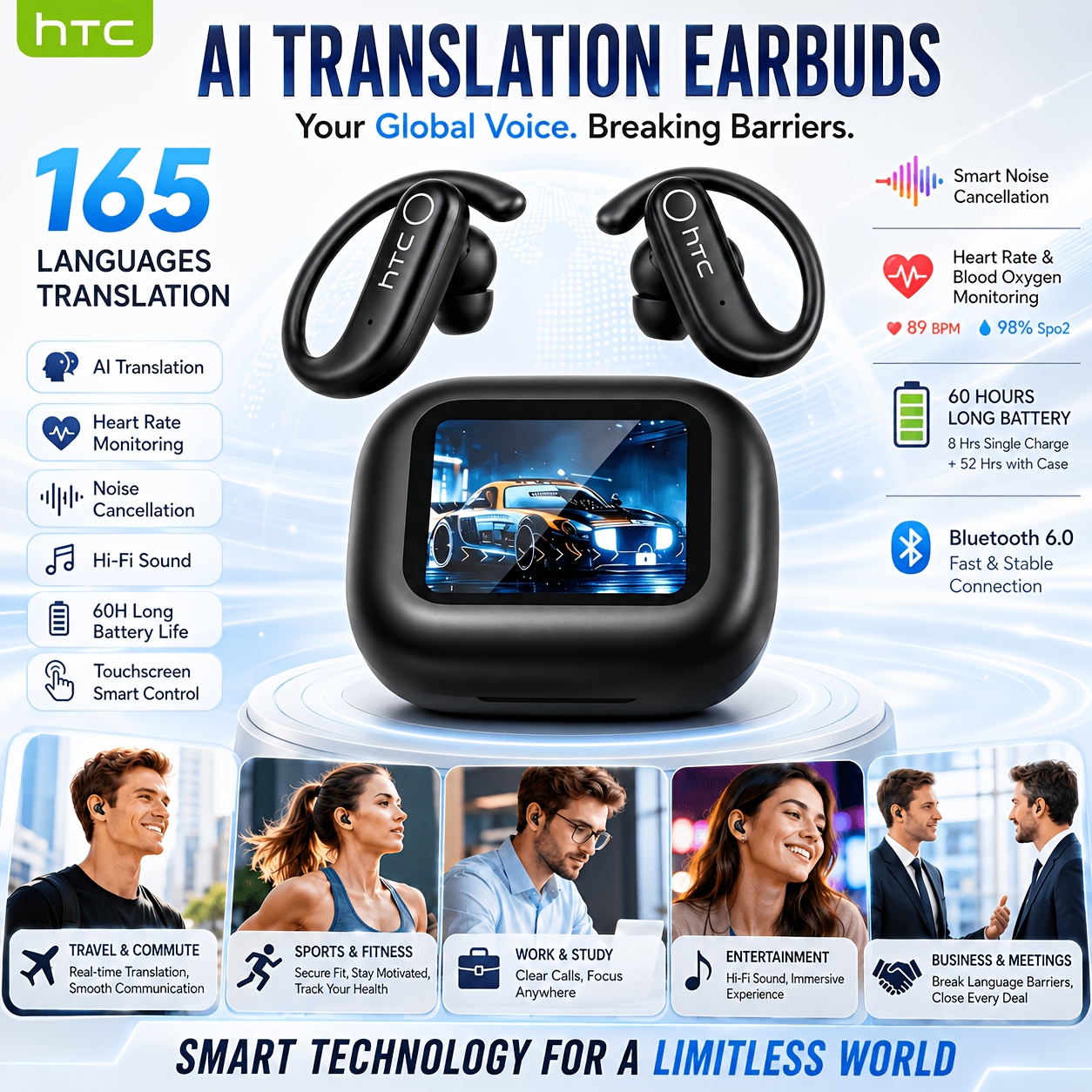 Image of The Htc Ne61 Wireless Earbuds Support Real-time Translation 135 Languages. Deliver High- For Music And Relaxation, Clear Hd Calls, And Monitor Health Metrics, Making Them An Companion For Workouts