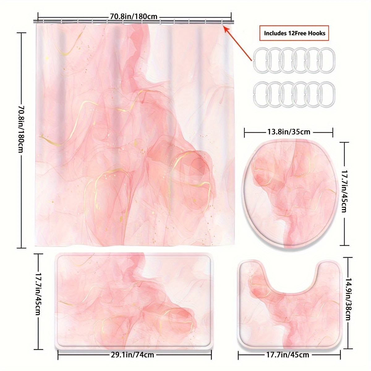 TEMU 4pcs Rose Pink Liquid Watercolor Background Marble Pattern Shower Curtain Gift Bathroom Decor Curtain And Toilet Floor Mat 3pcs Set With 12 Shower Curtain Hooks
