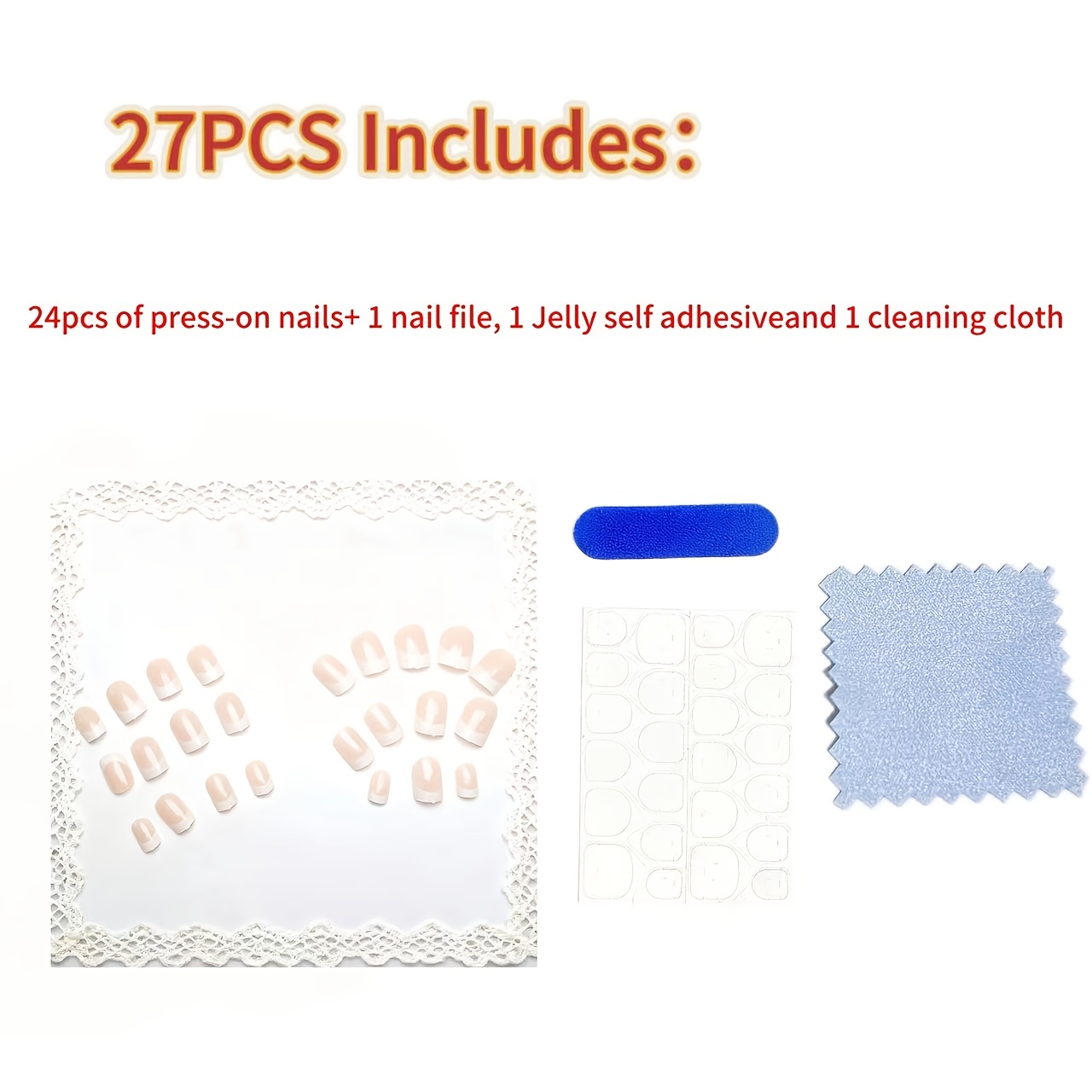 TEMU 27pcs Contains 24 Nail Tips, 1 Nail File, 1 Sheet Of Jelly Self-adhesive Tabs And 1 Cleaning Cloth French Tip Press-on Nails Set - Glossy Nude &