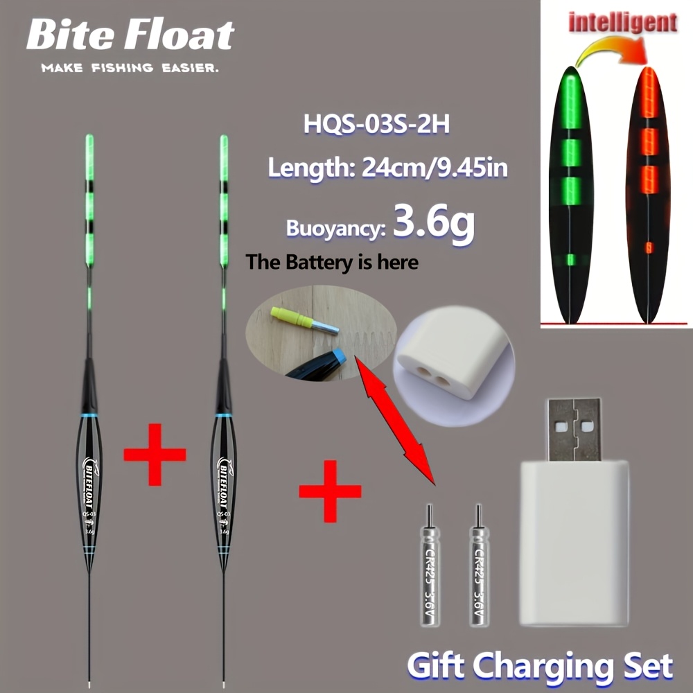 TEMU Set da 3 pezzi (2 Galleggianti Elettronici Smart + Batteria Ricaricabile CR425 X2 + Caricabatterie a Foro) Galleggiante da Pesca Notturna Corta,