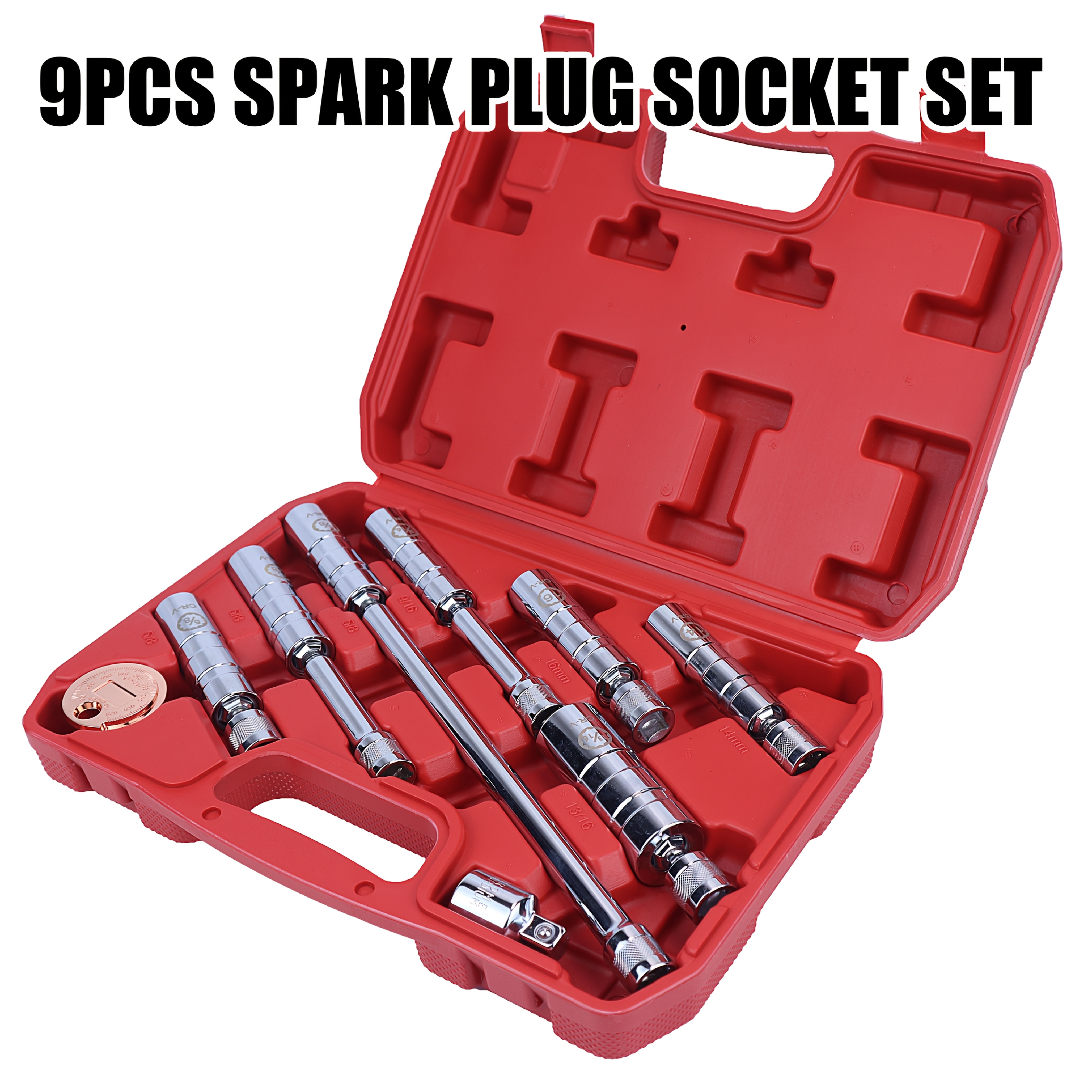 TEMU 9pcs Seketman Spark Plug Socket Set | 3/8"inch Drive, Swivel Socket, Extra Long Extension, Includes Spark Plug And Socket Reducer, Made Of Steel
