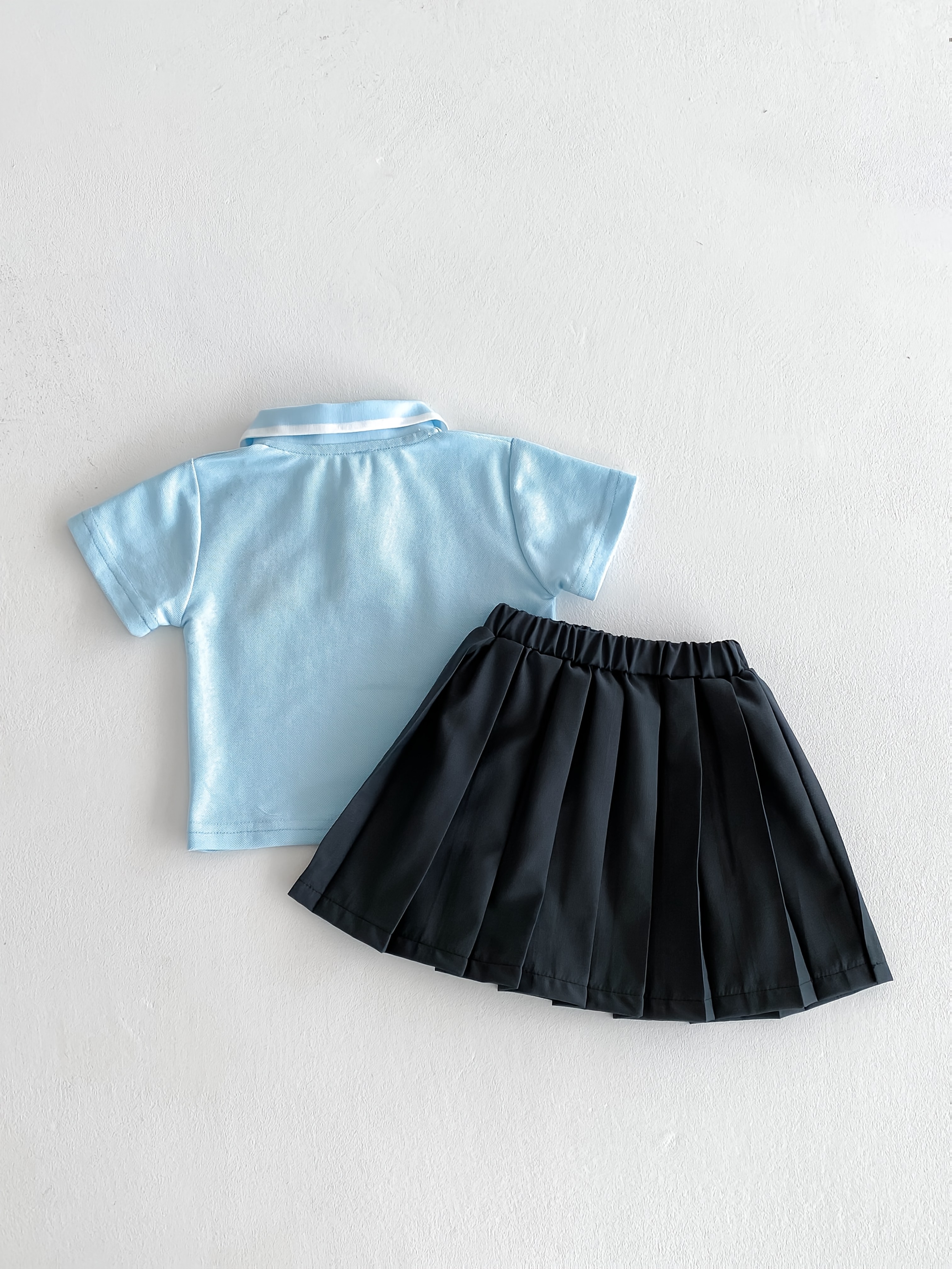 Cartoon Polo Shirt And Pleated Dress Set for Baby Girls in a Collegiate Style, for Outdoor