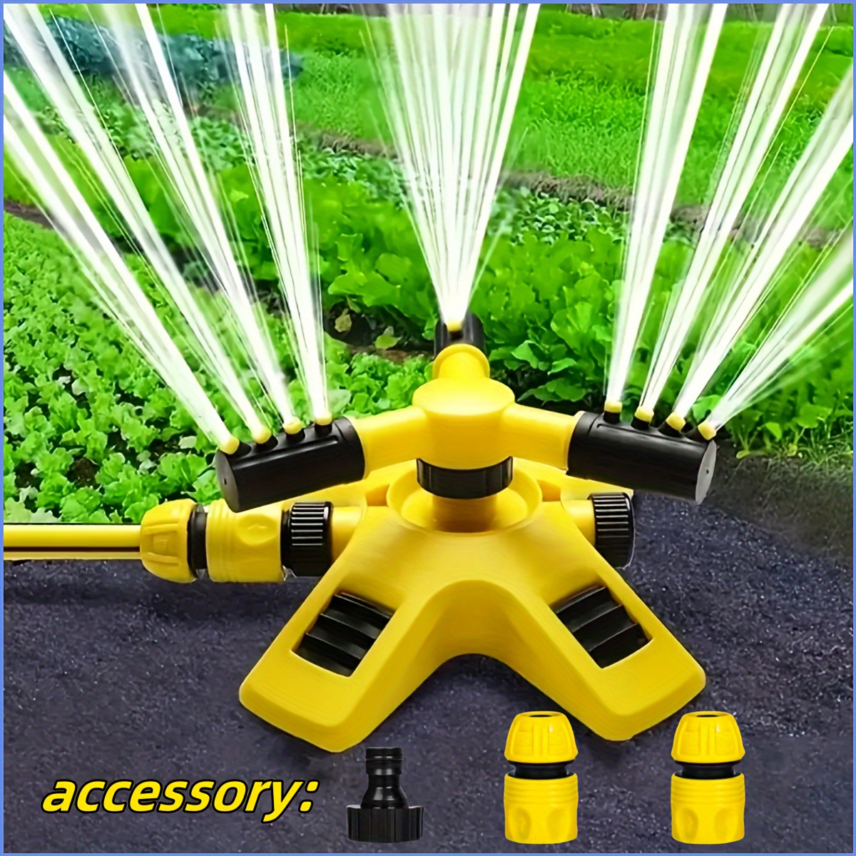 

360° Rotating Lawn Sprinkler With 3 Adjustable Arms, Tow-behind-style Automatic Irrigation System, Plastic Sprayers With Multiple Components For Garden And Roof Cooling - Yellow
