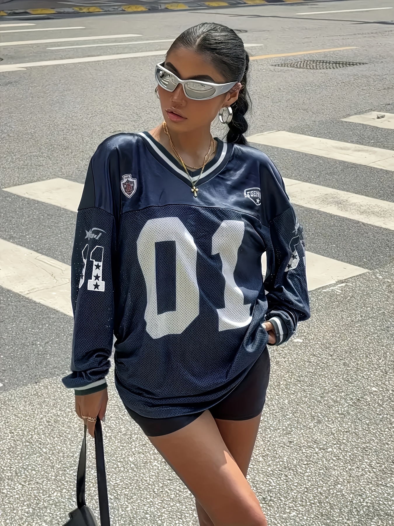 womens navy blue football jersey 01 print breathable mesh v Temu