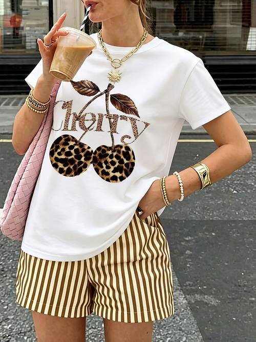 item picture cherry leopard print t shirt fashion womens short sleeve top