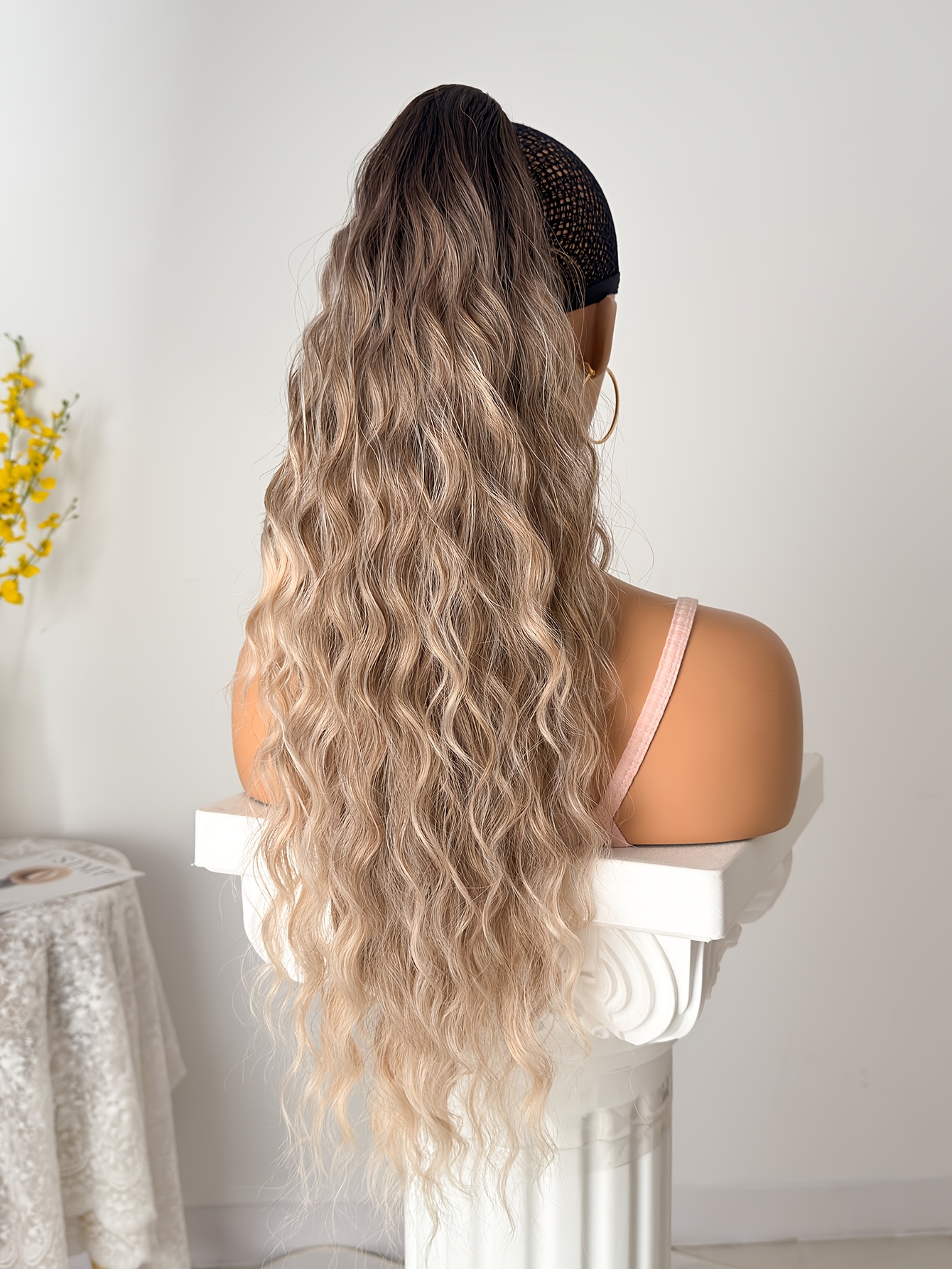 drawstring ponytail extension hair 28 inch ombre long water wave heat resistant fiber synthetic ponytail hairpiece for women daily used details 1