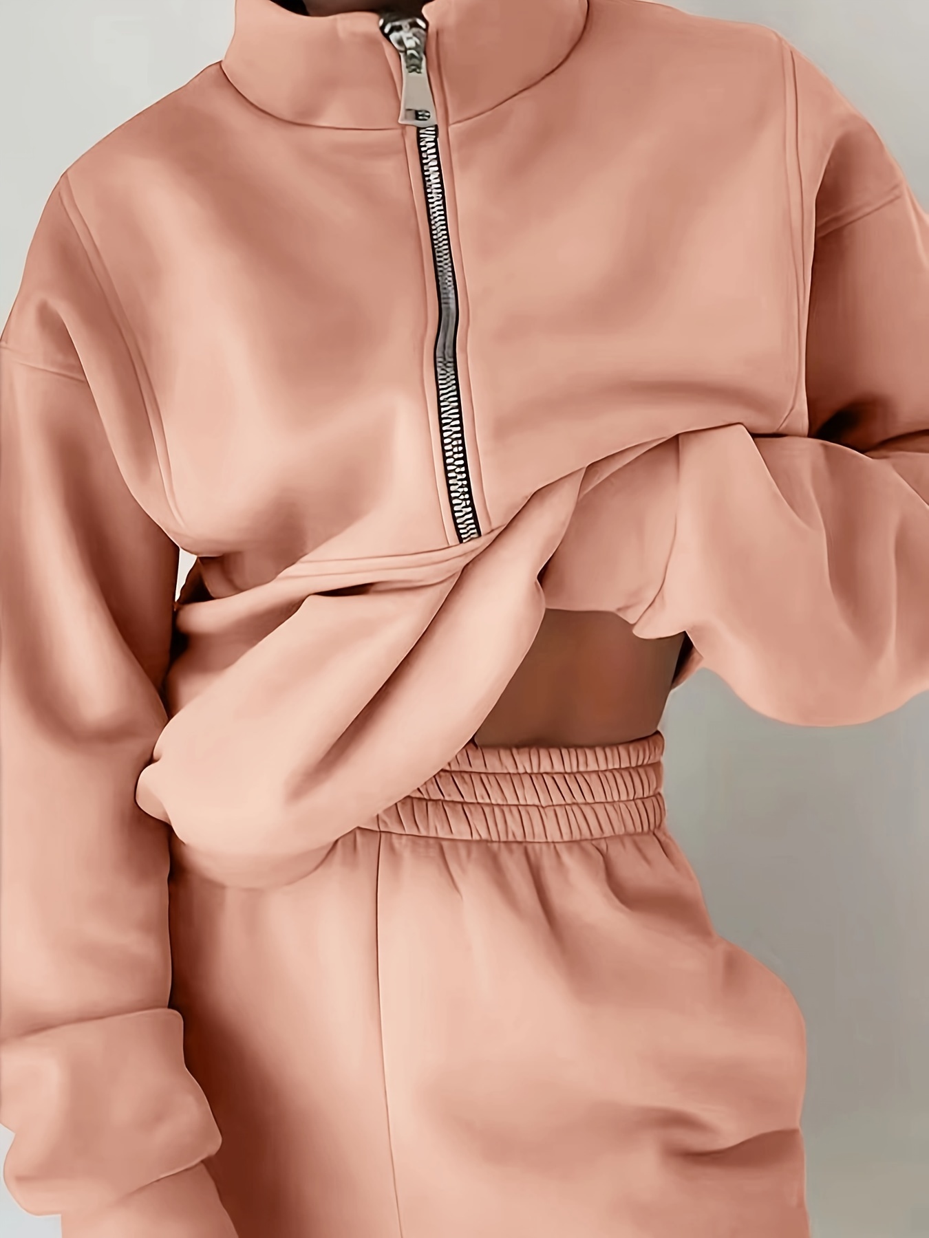 Pink Sweatsuit Set, Casual Zipper Sweater