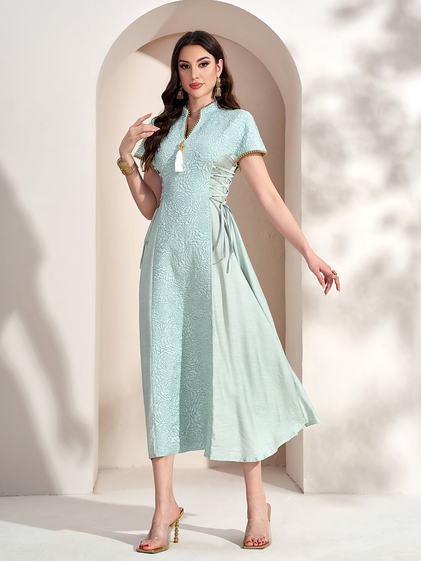 Elegant Notched Collar Solid Color Short Sleeve Arabian Dress for Women  Lace Up Detail, Knee-Length Weddings and Formal Events,