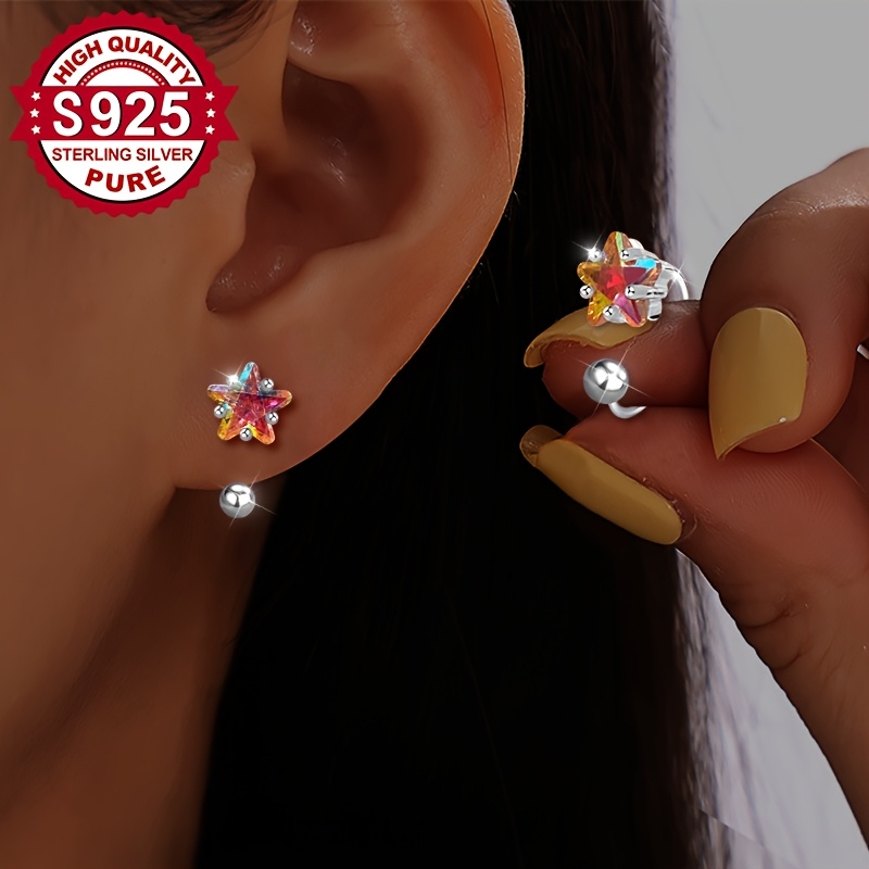 Pair, S925 Silver, Colorful Star Round Bead Earrings, Detachable Beads, Premium, Light Luxury, Fashionable And Minimalist, Women's Stylish Ball Studs, Hypoallergenic