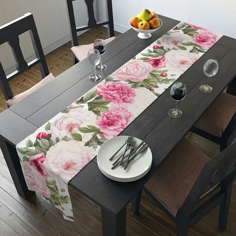 1pc, Polyester Table Runner, Pink Rose Spring Summer Seasonal Table Runner, White Watercolor Table Runner, Seasonal Spring Summer Decorations For Home, Room Decor