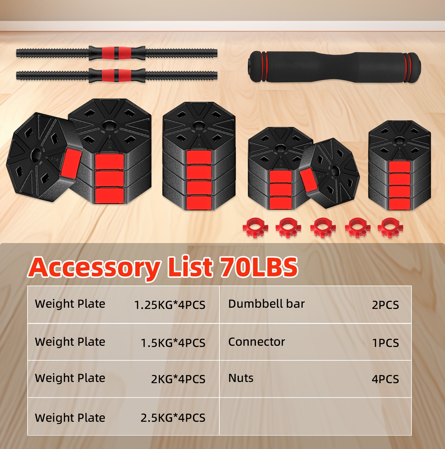 Adjustable Dumbbells Set, 20lbs/70lbs Weight Plate with Connector Used As Barbell, Fitness Strength Exercises for Home Gym, Red