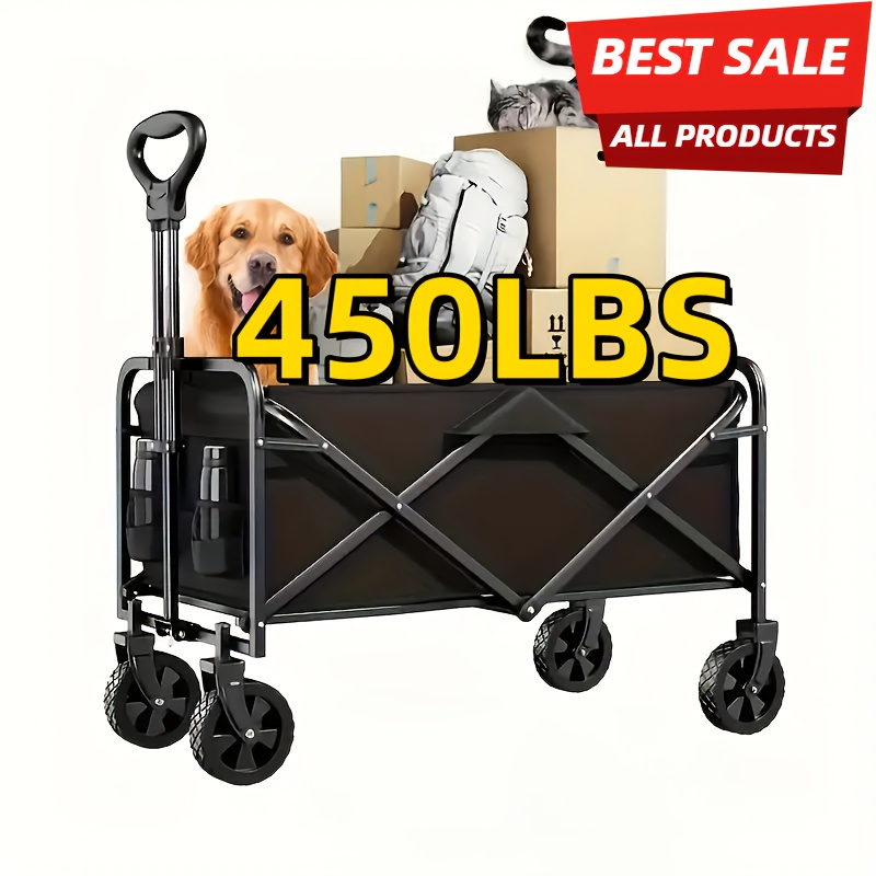 

1pc 30" Heavy-duty Collapsible Shopping Cart With Wheels - Foldable Utility Wagon For Beach, Rv Storage, Sports, And Camping, Black Mesh & Fabric Construction, Beach Wagon Cart