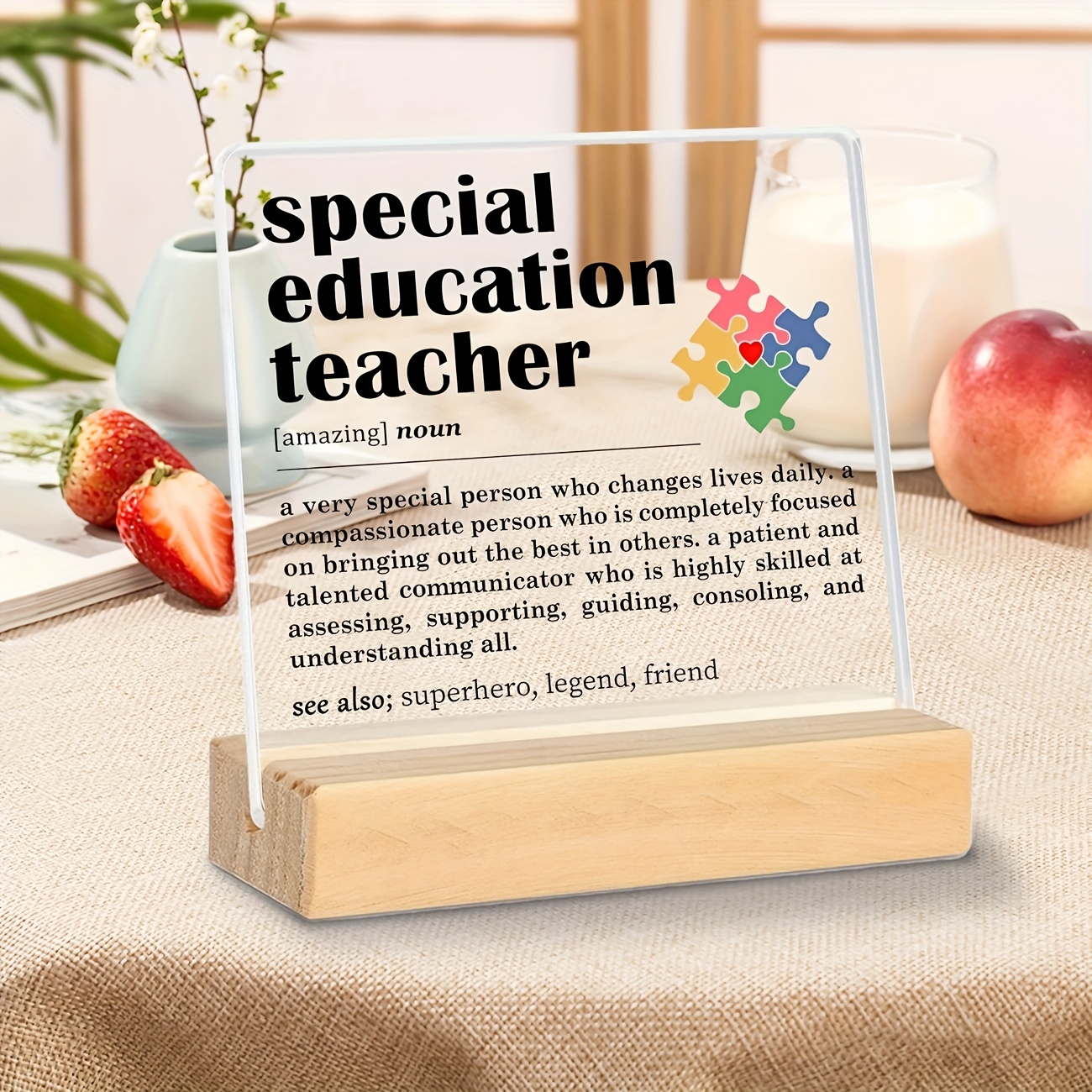 TEMU 2d Flat, 1pc, Square Acrylic Ornament With Wooden Base, Teacher Gift, Teacher Thank-you Gift, Teacher Office Desk Decoration Sign Plaque And