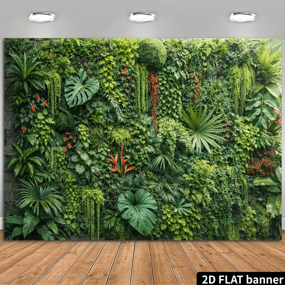 2d flat natural greenery themed banner backdrop tropical plant wall theme featuring monstera   palm hanging vines small red flowers and   other   made from material it requires no power supply and is suitable
