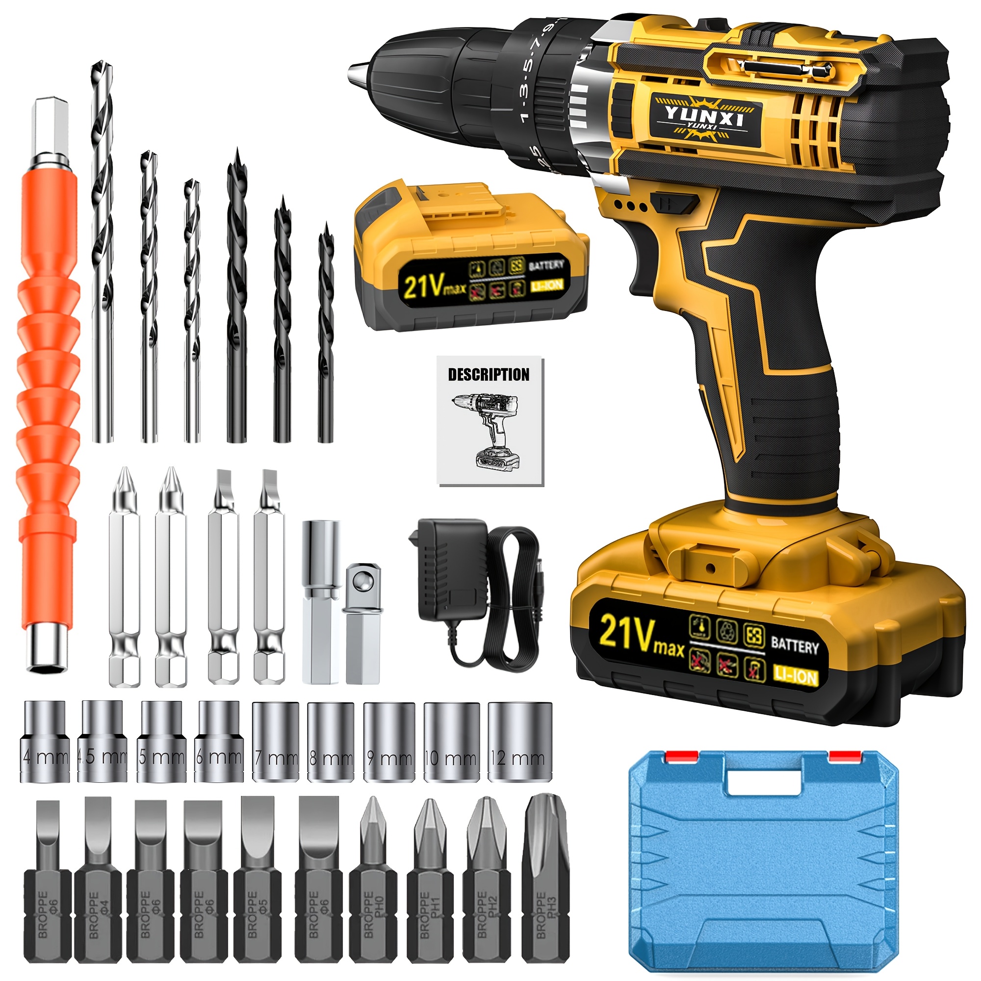 TEMU Kit combinado de llave de impacto inalámbrica y taladro, motor sin escobillas con velocidad variable, luz de trabajo LED y función de parada