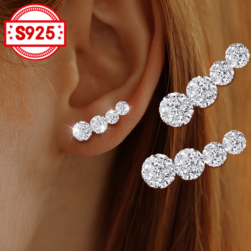 Image of Pair Of Women's Fashion Stud Earrings, 4- Row Design + Bling Bling + Party + Vacation Party Accessory, S925 Silver, Elegant Vacation Women's Accessory For Holiday Gifting, Hypoallergenic