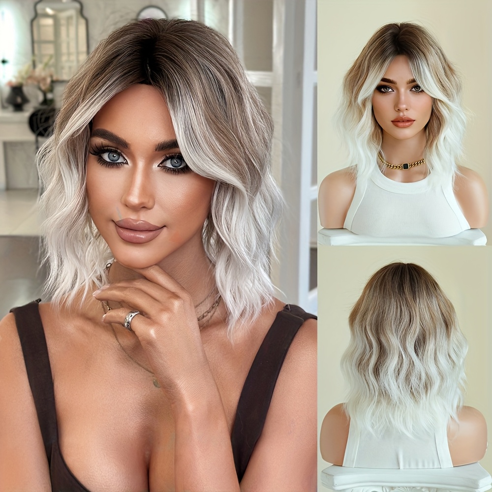 TEMU Brown Ombre Wig With Short Water Wave Style, Suitable For Daily Wear. This Modest Fashion Bob Wig Features A Middle Part And Dark , Made From