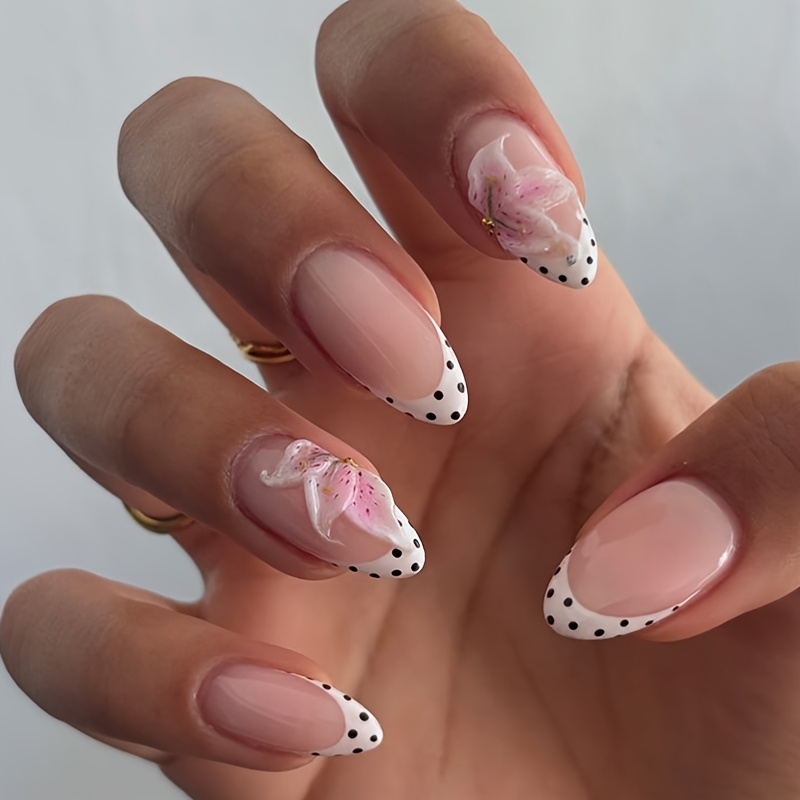 TEMU 1 Set 24pcs Almond-shaped Press-on Fake Nails Polka Dot Elegant Bright Golden Bead Fashionable All-match Suitable For All Women And Box Includes