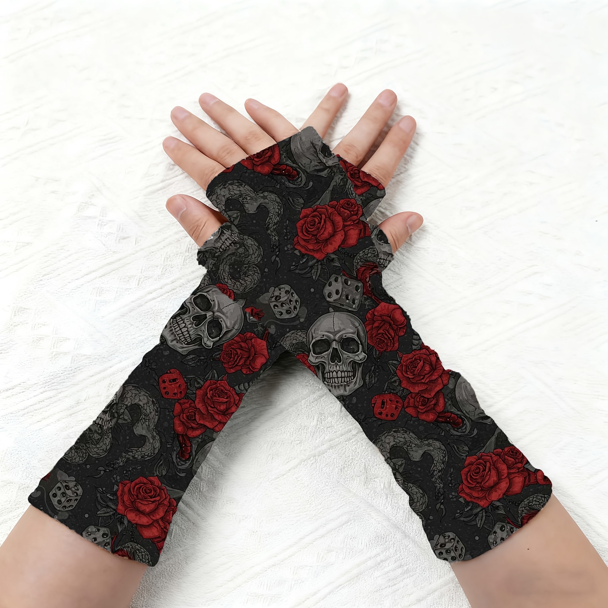 Halloween Long Sleeve Printed Gloves, Suitable For Multi-scene Wear, Open-finger Gloves, Outdoor Gothic Style Pattern