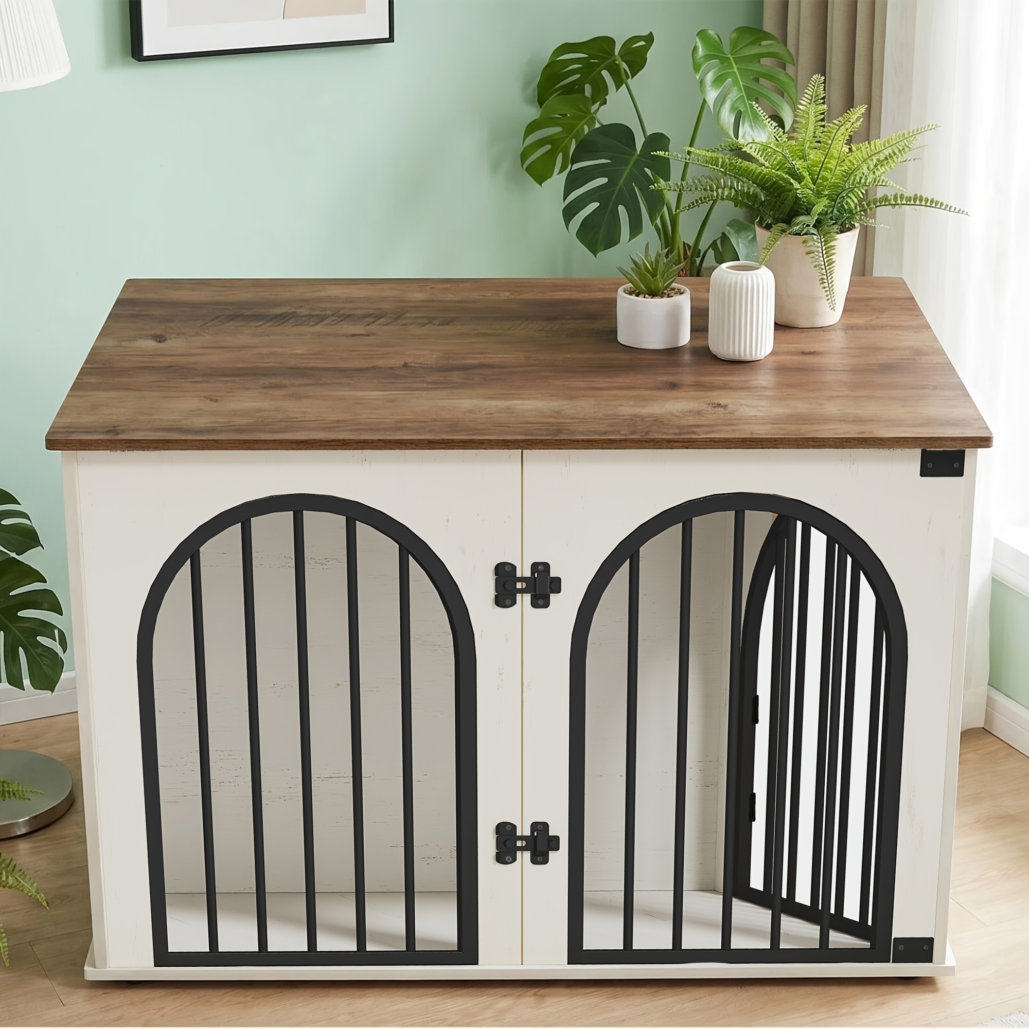 Image of A 101cm Wide Arched Dog Crate Furniture, Wooden Dog Cage With , , Durable, Bite-proof, And A Multi-functional Decorative Pet House Suitable For Living Rooms And Bedrooms, 61x101x64cm