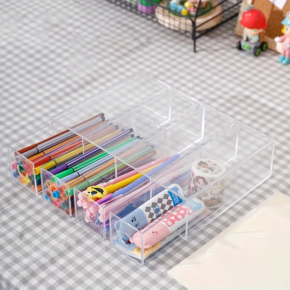 TEMU 1 pièce Porte-stylo en plastique transparent de grande , Organisateur de bureau empilable avec tiroirs, Boîte de rangement multi-compartiments