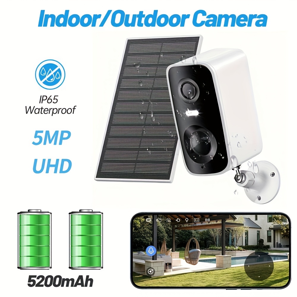 TEMU 5mp Solar Security Camera, Wireless Outdoor Indoor Smart Camera, 360° View And Detection, Audio, Color Night Vision, Ip65 Waterproof, 5200mah