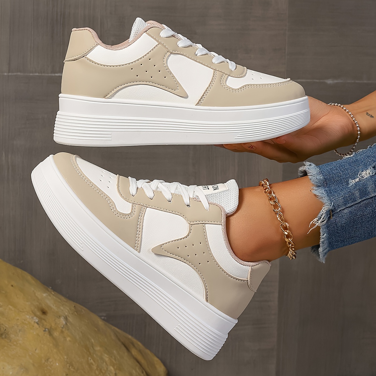 Women's Casual Sneakers Trendy Lace-Up Sports Shoes, Lightweight  Versatile, Low-* in Blue/White Beige/White