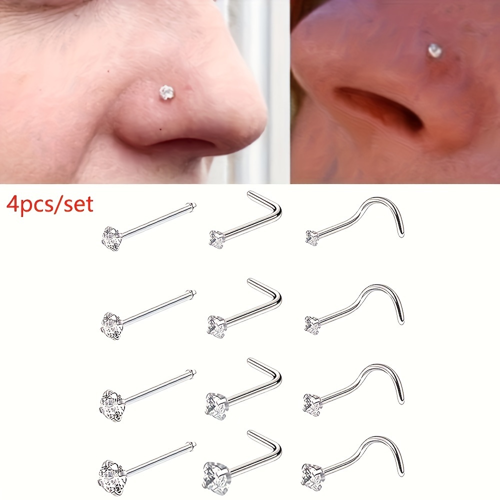 

4pcs Set Hip Hop Classic Straight Bar L Bar Stainless Steel Non-fading Cubic Zirconia Nose Rings For Men And Women, Cute & , Nooxian Brand, Wear, Body Piercing Jewelry Accessories