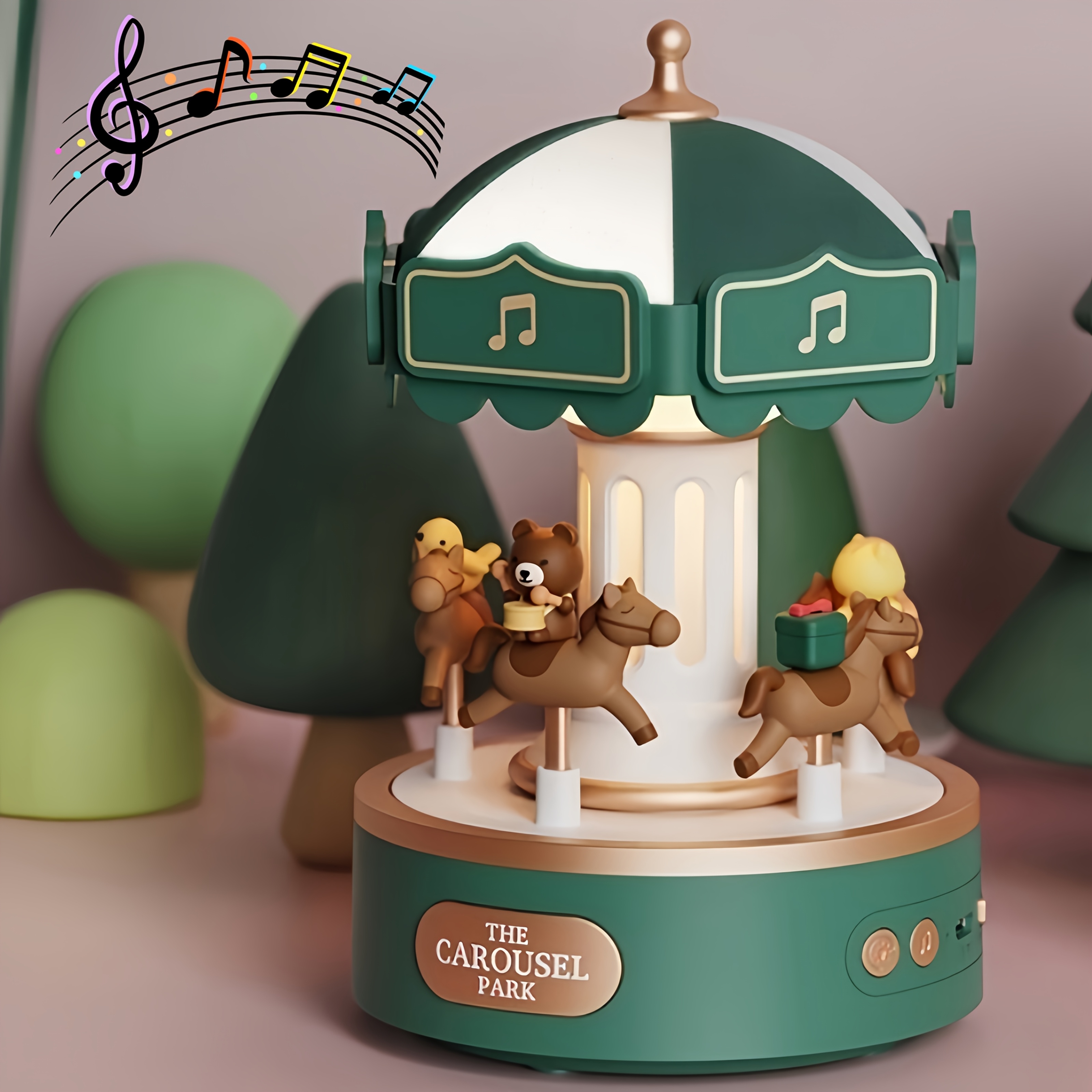 TEMU 1pc Cartoon Carousel Music Box Night Light, Usb Rechargeable Plastic Tabletop Decor With Adjustable Lighting, Push Button Control, Lithium